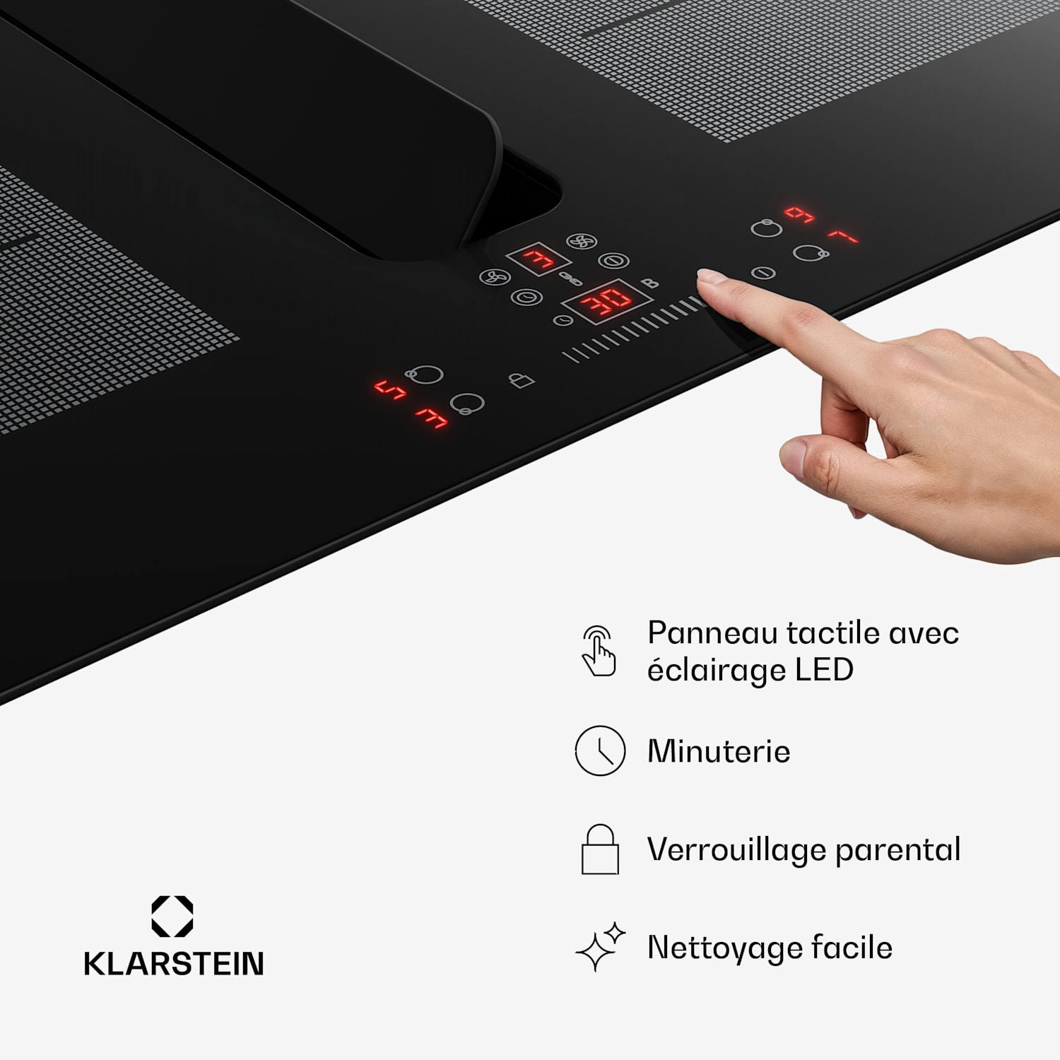 ChefFusion plaque à induction avec hotte intégrée | 4 zones de cuisson | 7200 W | 504,3 m³/h | 70 cm 70 cm | Sans cadre | Noir