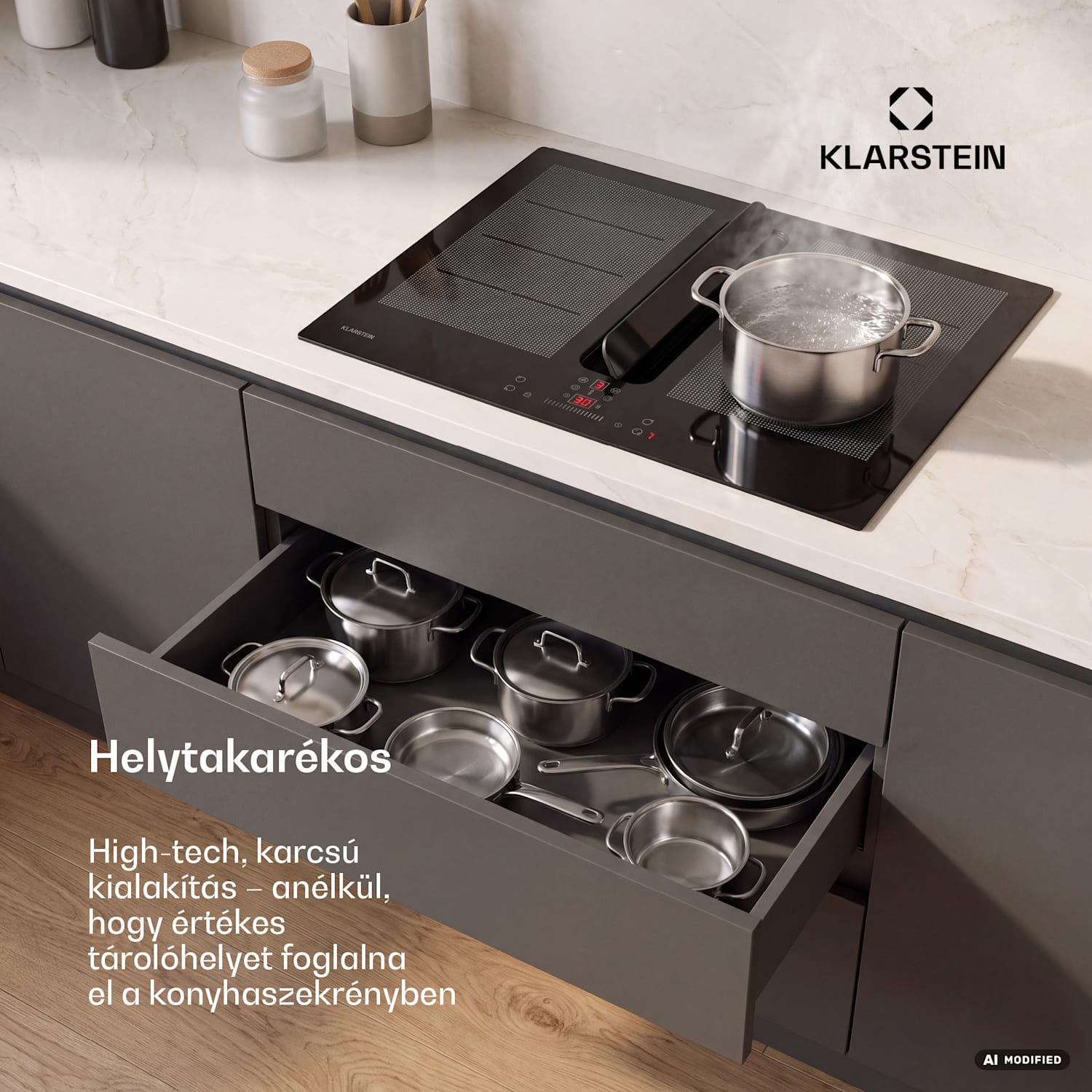 ChefFusion indukciós főzőlap páraelszívóval | 4 főzőzóna | 7200 W | 504,3 m³/h | 70 cm 70 cm | Keret nélküli | Fekete