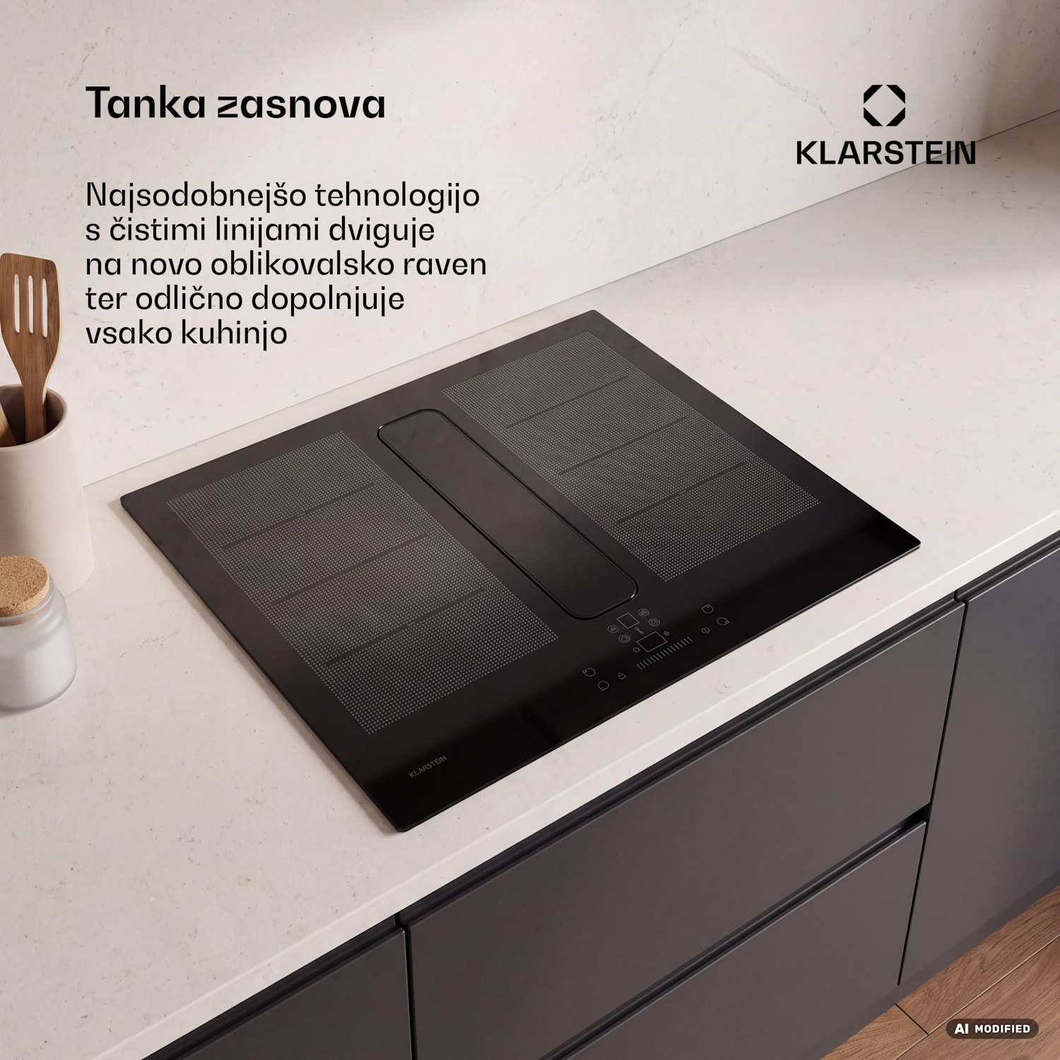 ChefFusion indukcijska kuhalna plošča s kuhinjsko napo | 4 kuhalne cone | 7200 W | 504,3 m³/h | 70 cm 70 cm | Brez okvira | Črna