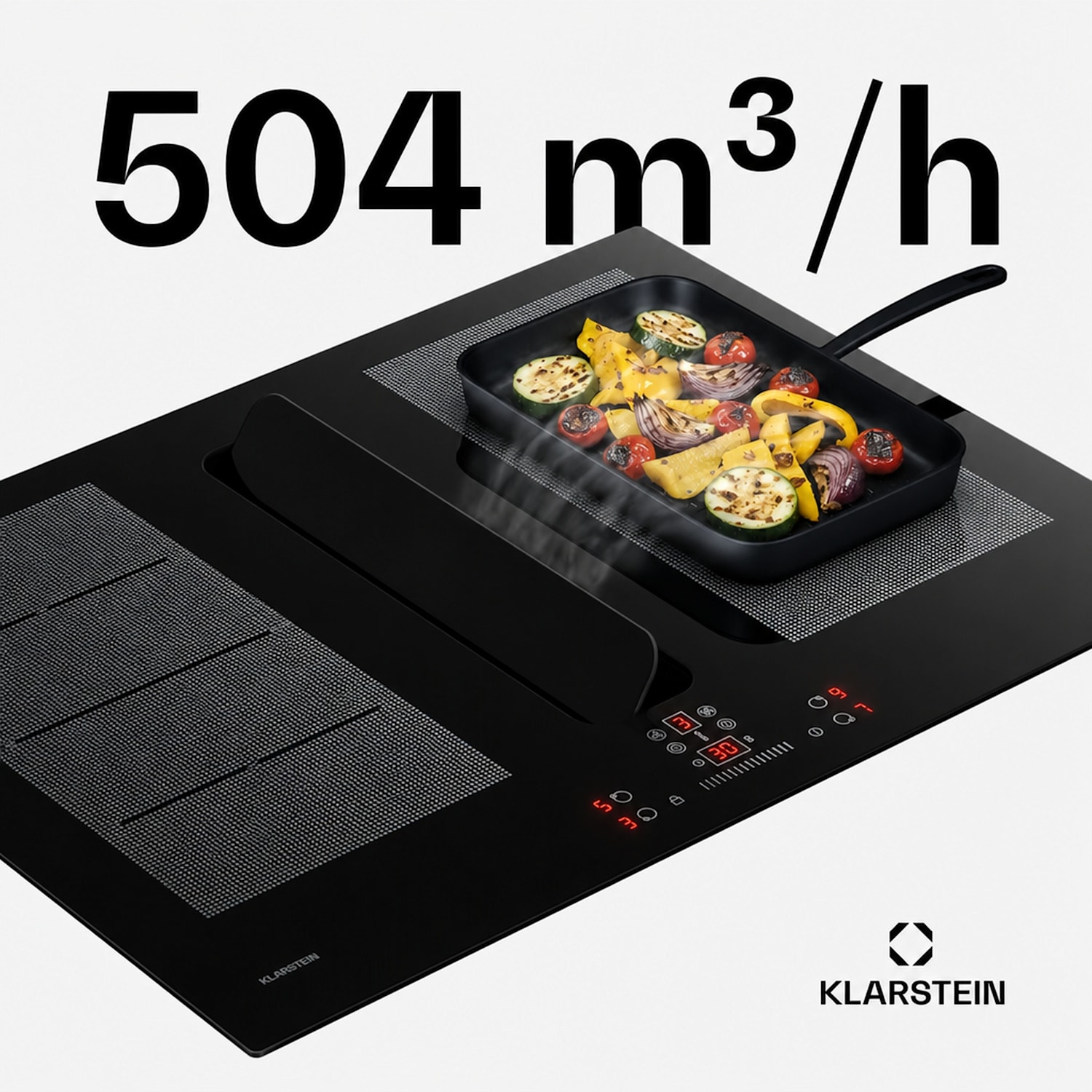 ChefFusion induktionshäll med fläkt | 4 kokzoner | 7200 W | 504,3 m³/h | 70 cm 70 cm | Ramlös | Svart