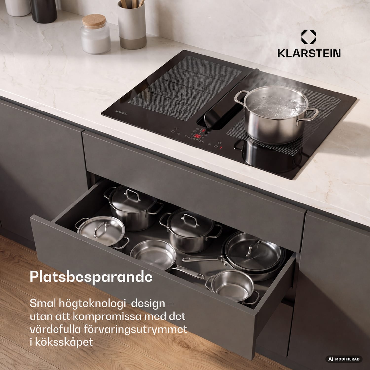 ChefFusion induktionshäll med fläkt | 4 kokzoner | 7200 W | 504,3 m³/h | 70 cm 70 cm | Ramlös | Svart