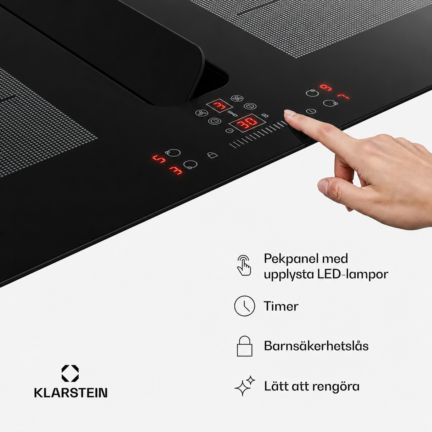 ChefFusion induktionshäll med fläkt | 4 kokzoner | 7200 W | 504,3 m³/h | 70 cm 70 cm | Ramlös | Svart