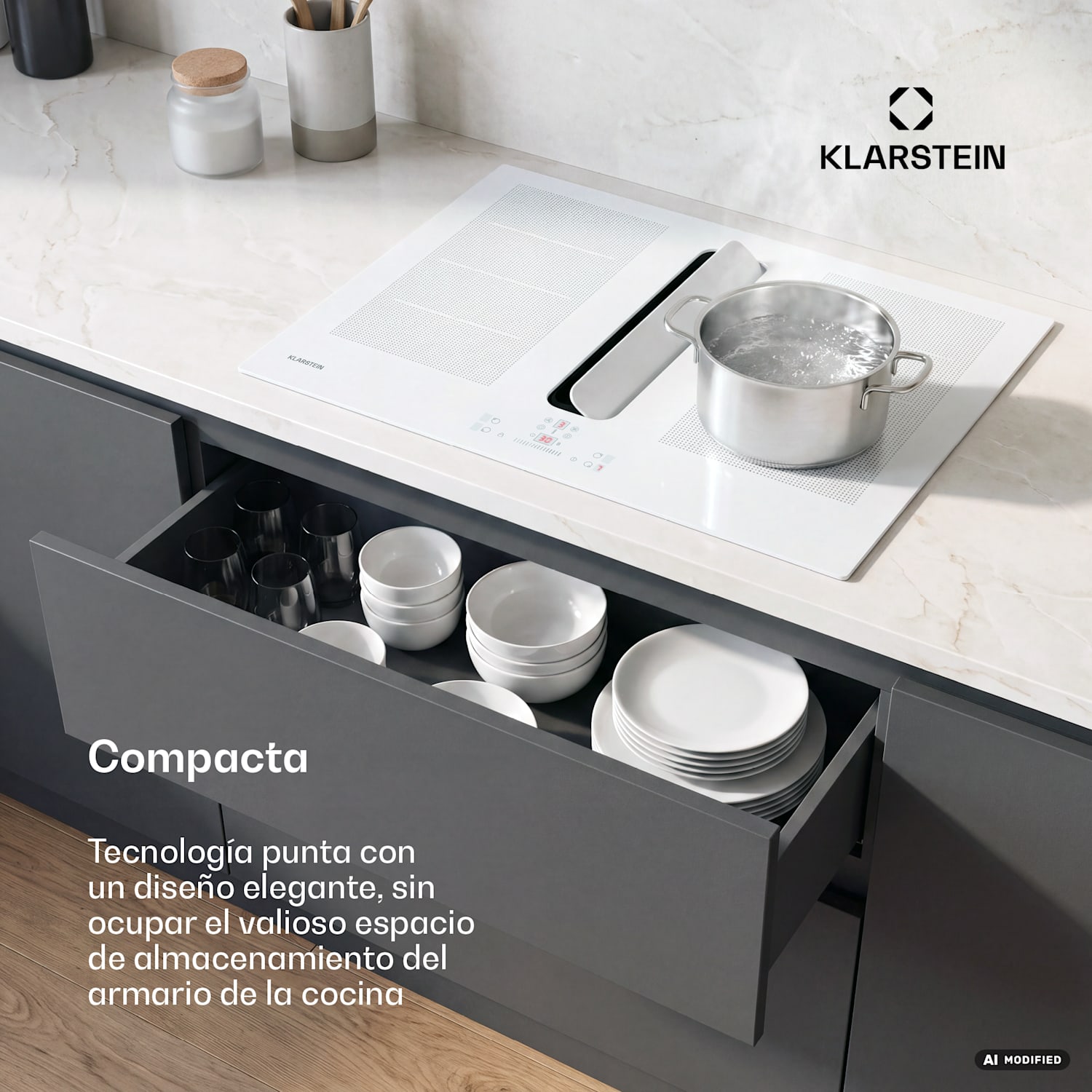 ChefFusion placa de inducción con extractor | 4 zonas de cocción | 7200 W | 504,3 m³/h | 70 cm 70 cm | Sin marco | Blanco
