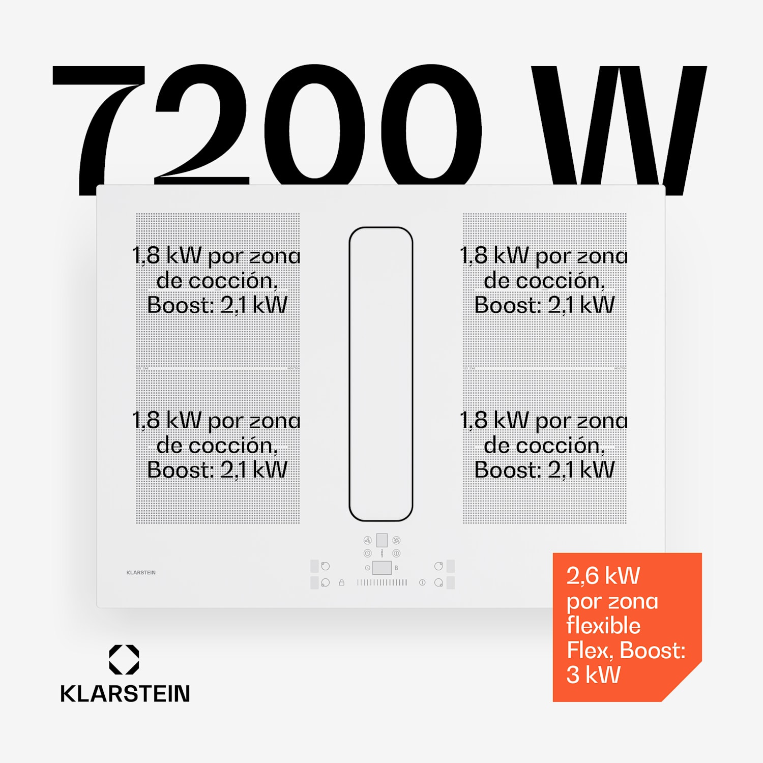 ChefFusion placa de inducción con extractor | 4 zonas de cocción | 7200 W | 504,3 m³/h | 70 cm 70 cm | Sin marco | Blanco