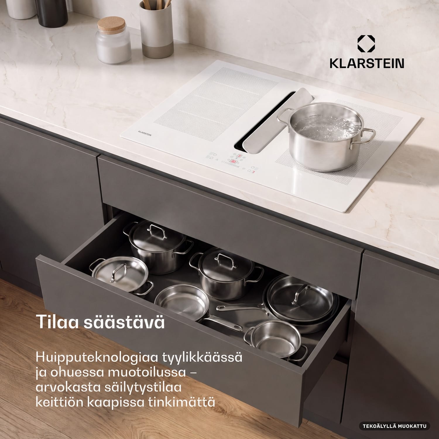 ChefFusion induktiokeittotaso liesituulettimella | 4 keittoaluetta | 7200 W | 504,3 m³/h | 70 cm 70 cm | Kehyksetön | Valkoinen