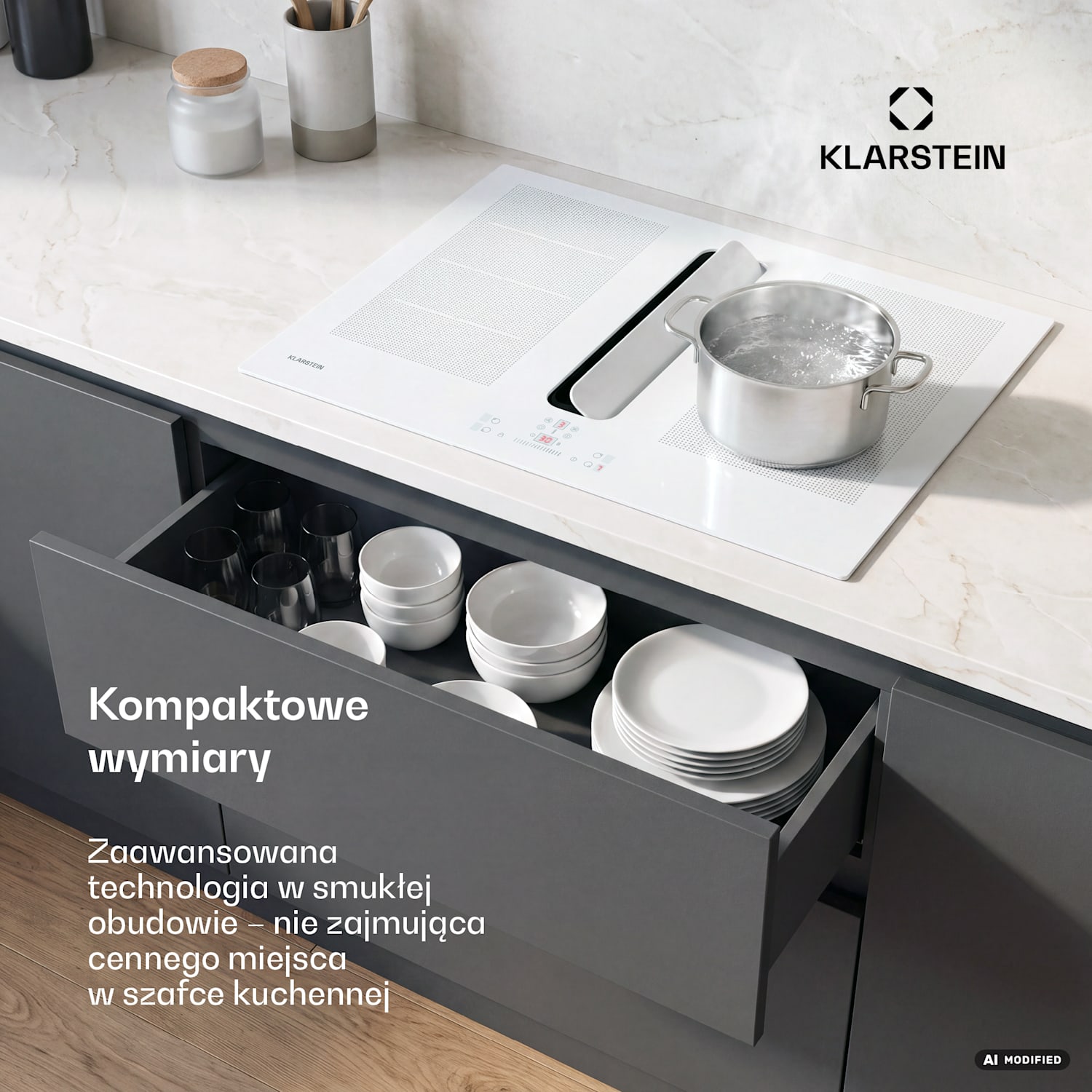 ChefFusion płyta indukcyjna z okapem | 4 pola grzewcze | 7200 W | 504,3 m³/h | 70 cm 70 cm | Bez ramki | Biały