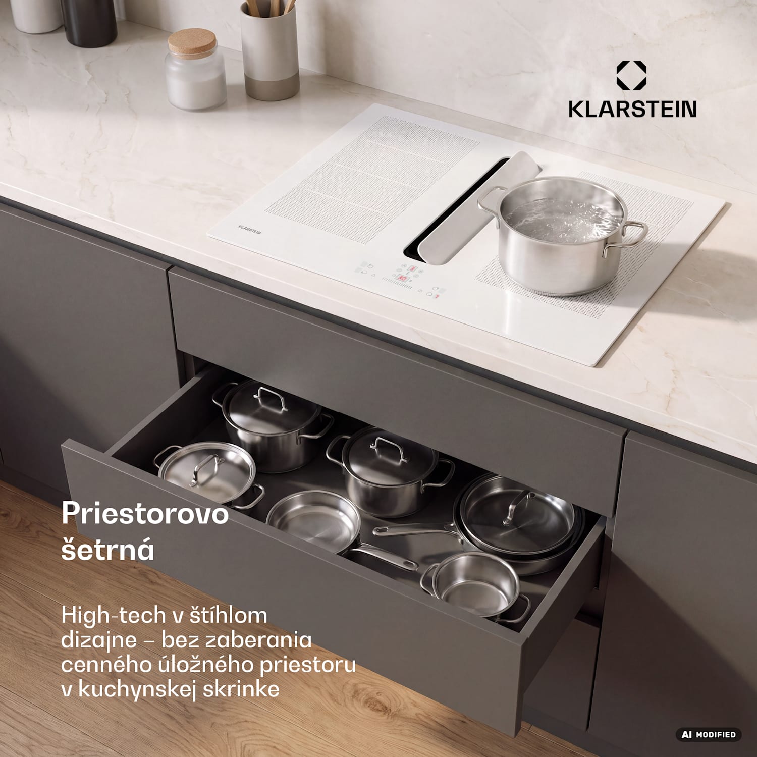 ChefFusion indukčná varná doska s odsávačom pár | 4 varné zóny | 7200 W | 504,3 m³/h | 70 cm 70 cm | Bez rámu | Biela