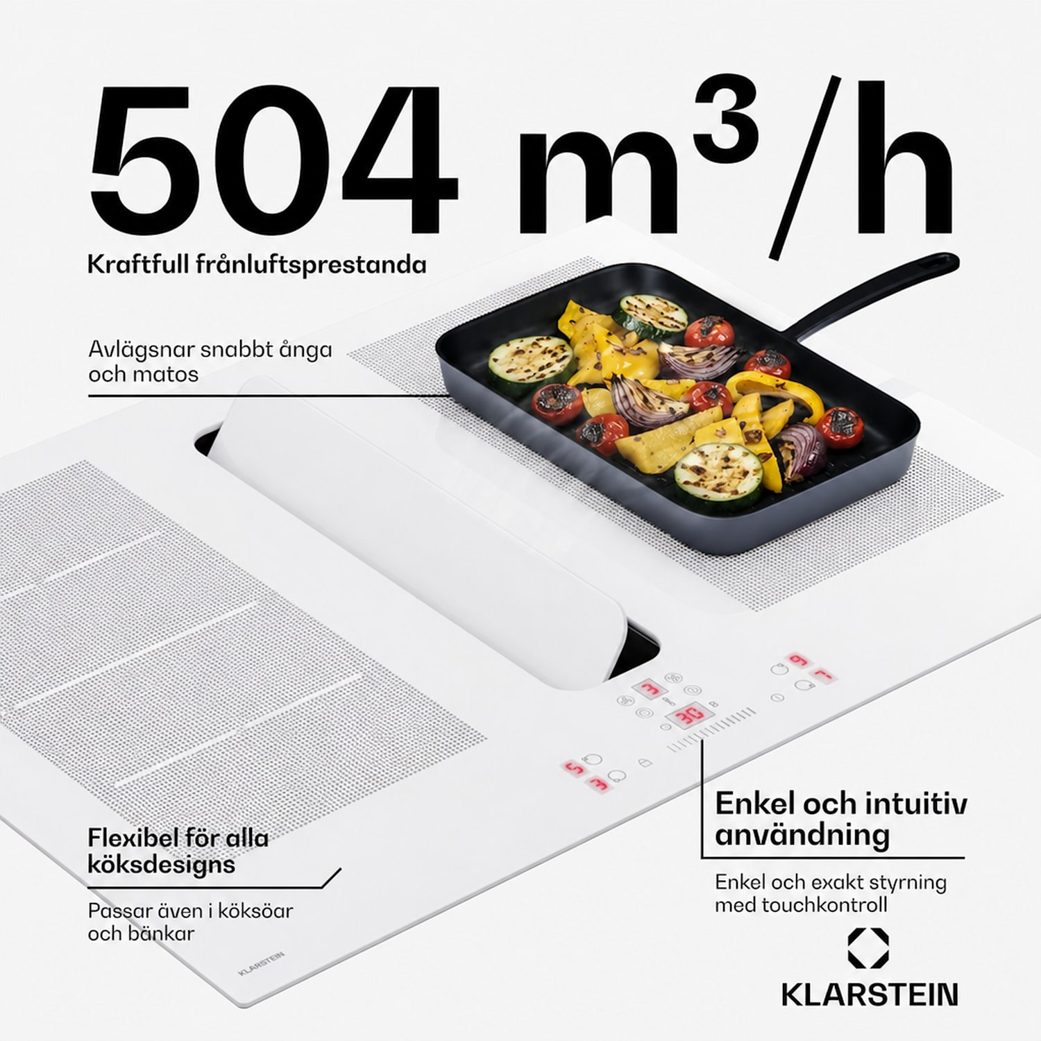 ChefFusion induktionshäll med fläkt | 4 kokzoner | 7200 W | 504,3 m³/h | 70 cm 70 cm | Ramlös | Vit