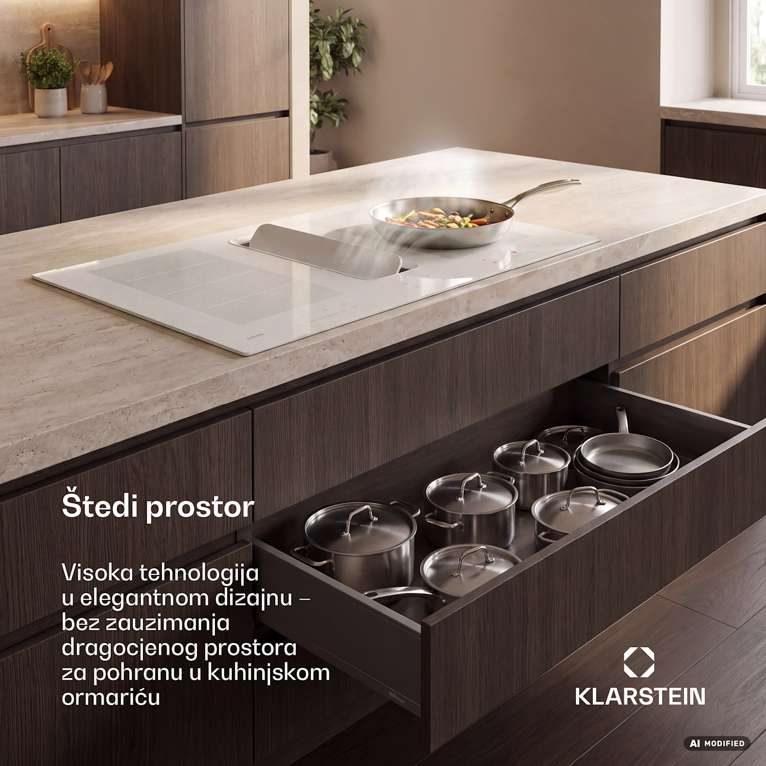 ChefFusion indukcijska ploča s kuhinjskom napom | 4 zone | 7200 W | 504,3 m³/h | 80 cm 80 cm | Bez okvira | Bijela