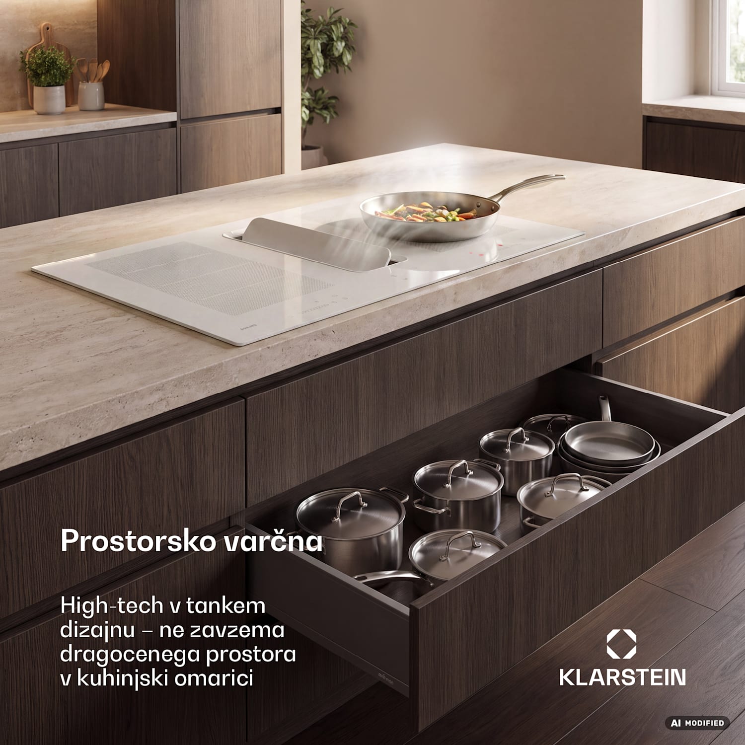 ChefFusion indukcijska kuhalna plošča s kuhinjsko napo | 4 kuhalne cone | 7200 W | 504,3 m³/h | 80 cm 80 cm | Brez okvira | Bela