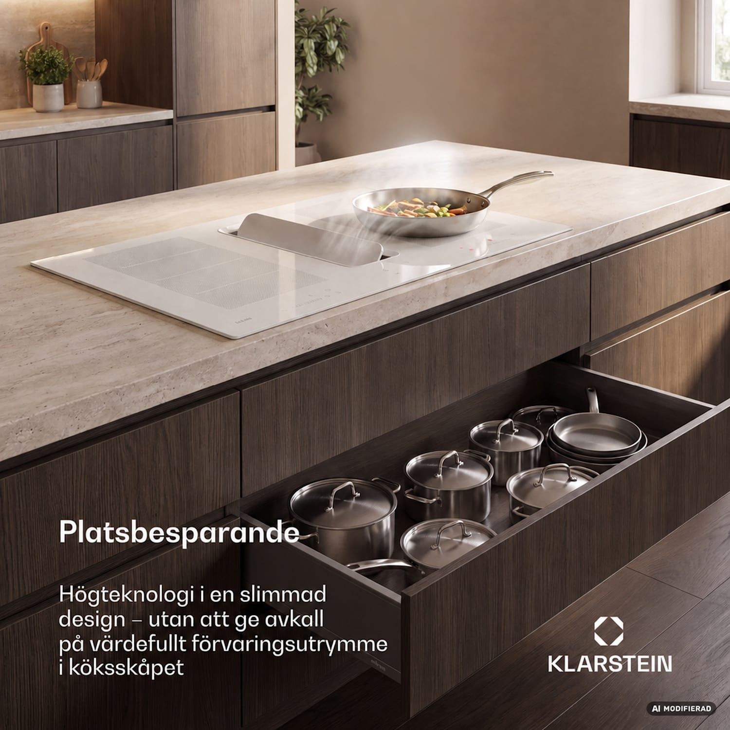 ChefFusion induktionshäll med fläkt | 4 kokzoner | 7200 W | 504,3 m³/h | 80 cm 80 cm | Ramlös | Vit