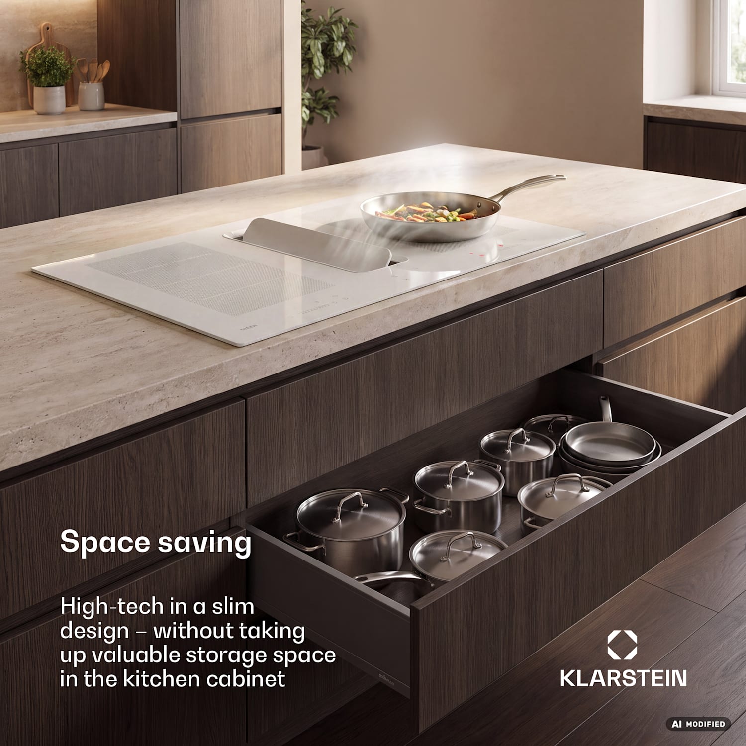 ChefFusion placa de indução com exaustor | 4 zonas de cozedura | 7200 W | 504,3 m³/h | 80 cm 80 cm | Sem moldura | Branco