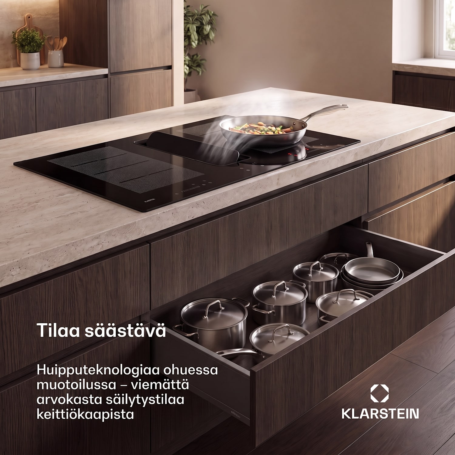ChefFusion induktiokeittotaso liesituulettimella | 4 keittoaluetta | 7200 W | 504,3 m³/h | 90 cm 90 cm | Kehyksetön | Musta
