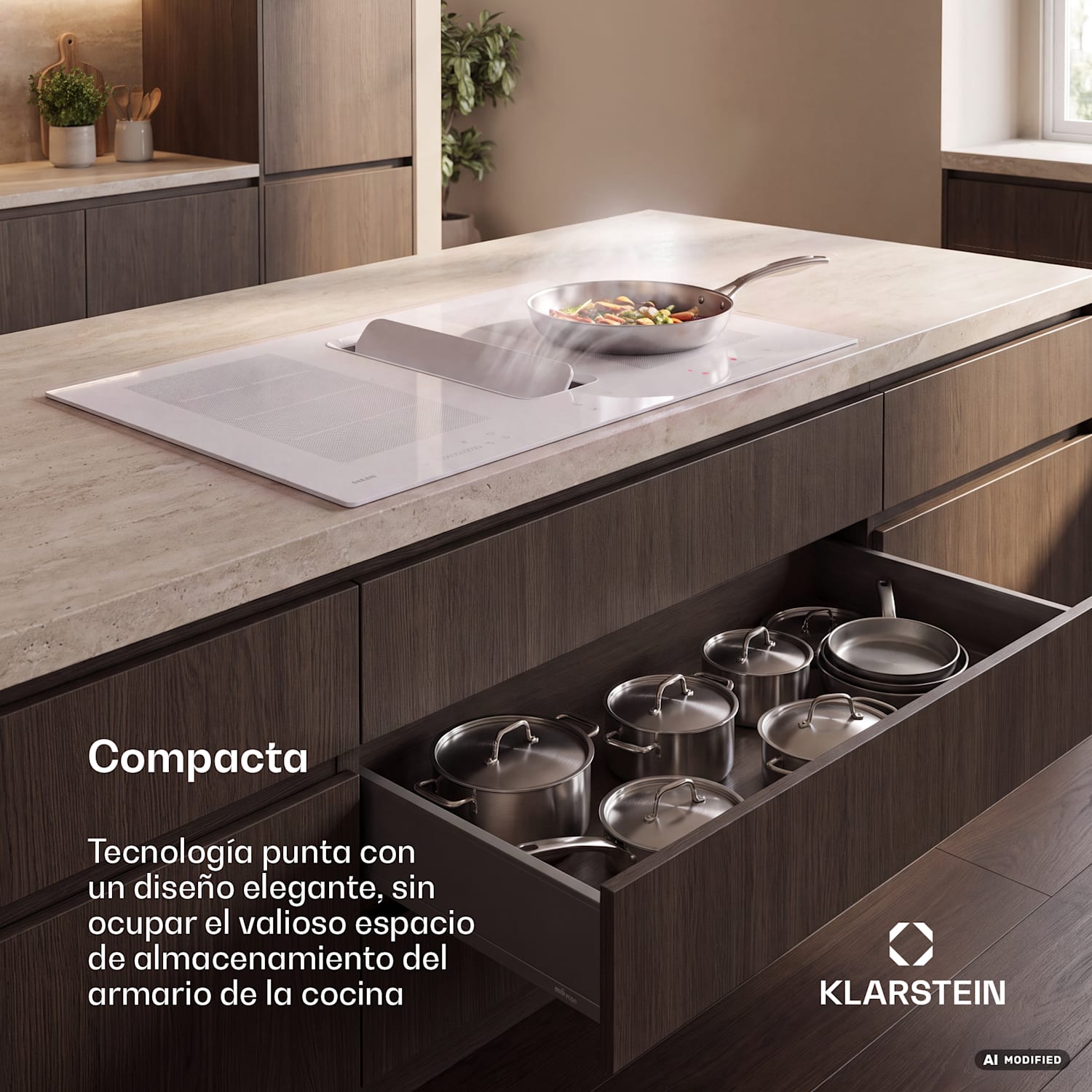 ChefFusion placa de inducción con extractor | 4 zonas de cocción | 7200 W | 504,3 m³/h | 90 cm 90 cm | Sin marco | Blanco