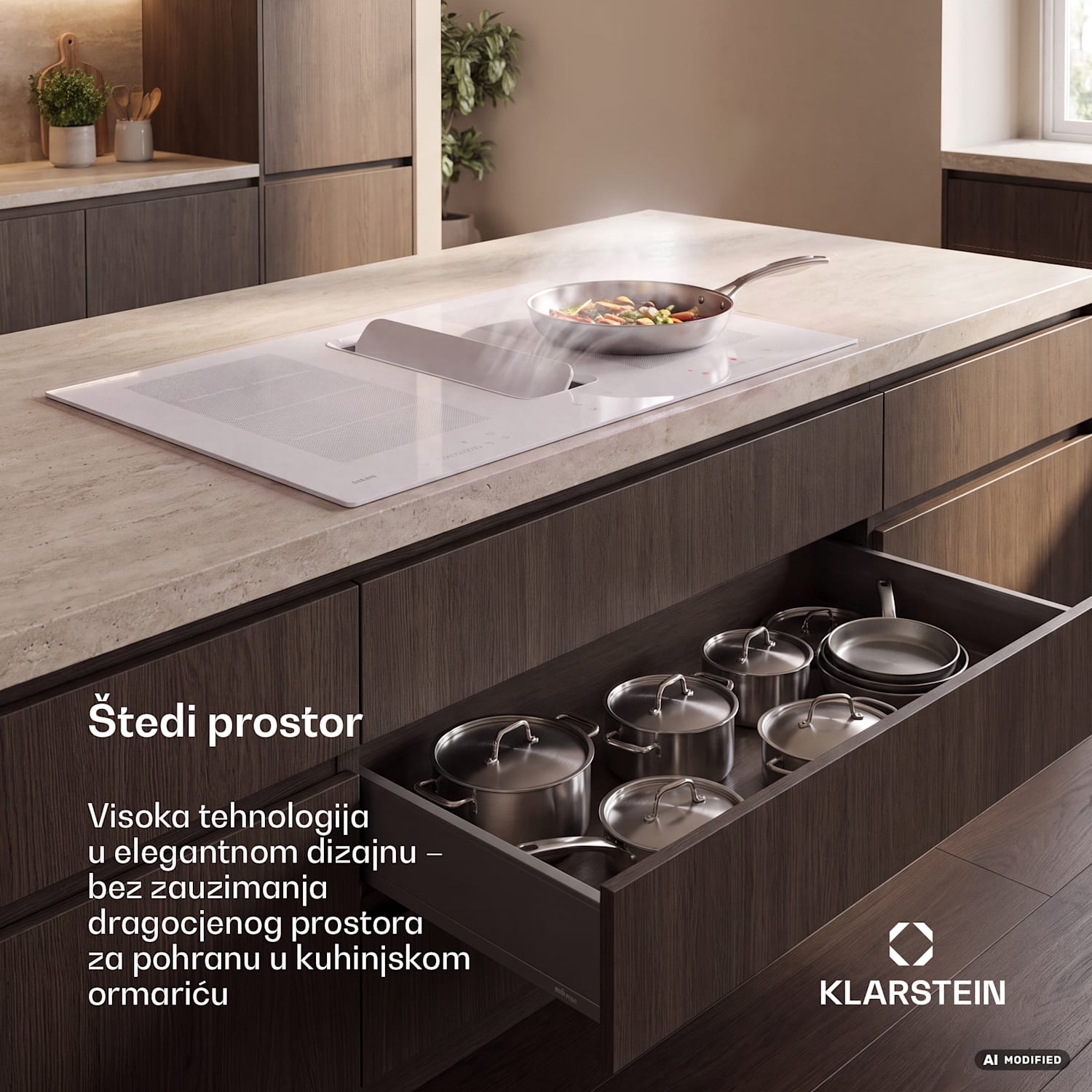 ChefFusion indukcijska ploča s kuhinjskom napom | 4 zone | 7200 W | 504,3 m³/h | 90 cm 90 cm | Bez okvira | Bijela
