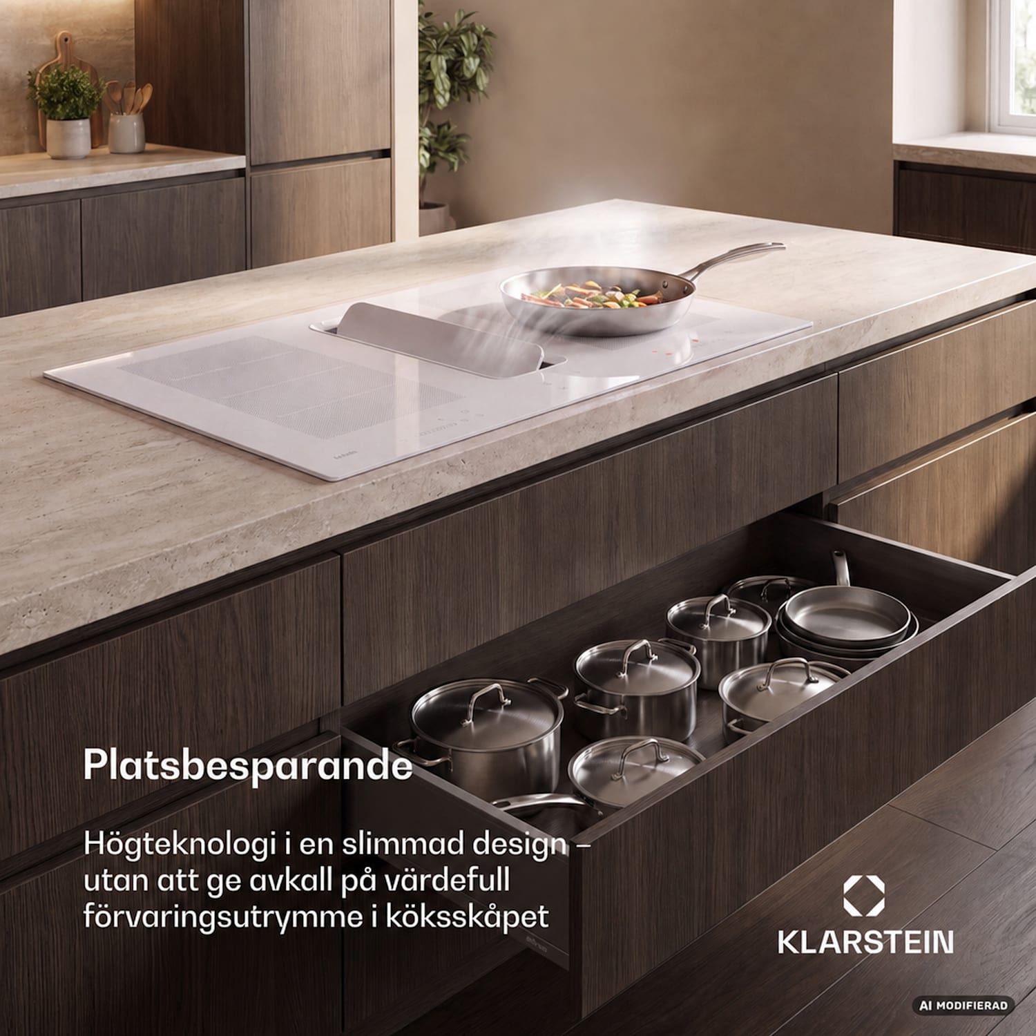 ChefFusion induktionshäll med fläkt | 4 kokzoner | 7200 W | 504,3 m³/h | 90 cm 90 cm | Ramlös | Vit