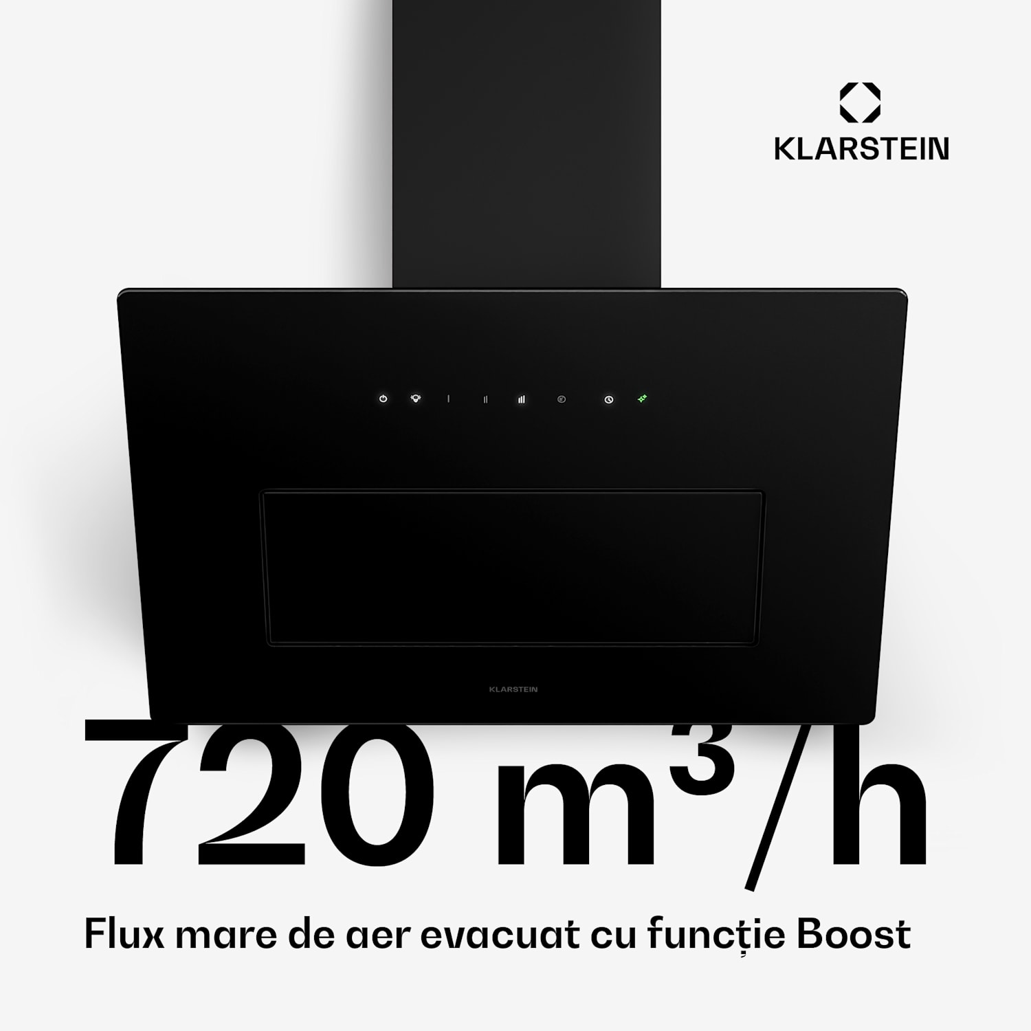 Hota înclinată SleekAir | Moduri de evacuare și recirculare | Design nobil | 720 m³/h | 60 cm 60 cm | Negru