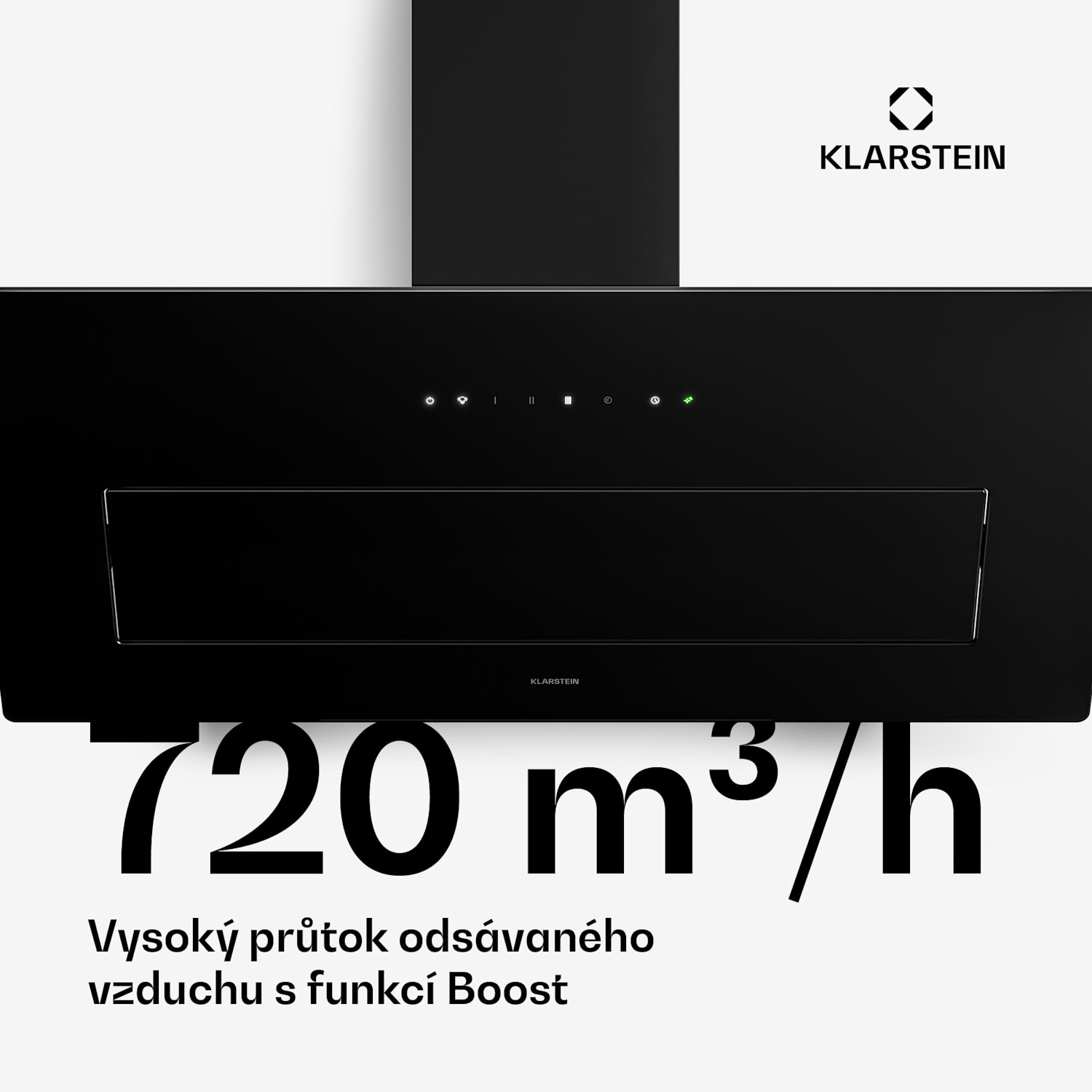 Šikmá digestoř SleekAir | Režimy odsávání a recirkulace | Elegantní design | 720 m³/h | 90 cm 90 cm | Černá