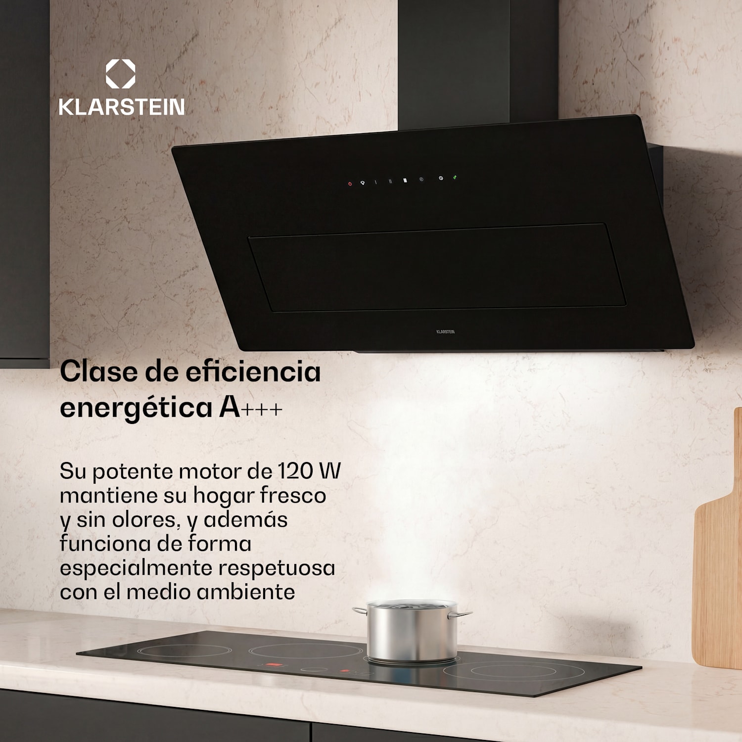 SleekAir campana extractora inclinada | Modos de extracción y recirculación | Diseño elegante | 720 m³/h | 90 cm 90 cm | Negro