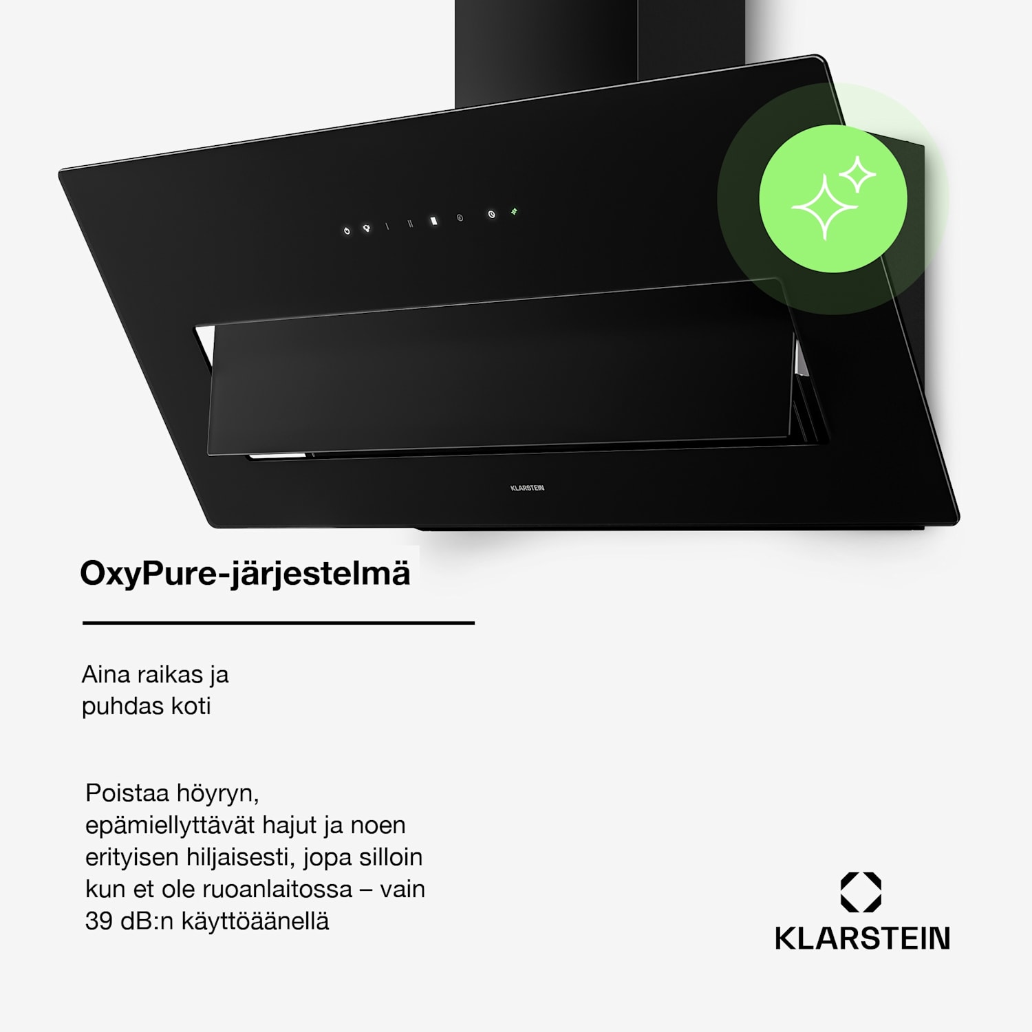 SleekAir päävapaa liesituuletin | Poisto- ja kierrätysilmatoiminto | Tyylikäs muotoilu | 720 m³/h | 90 cm 90 cm | Musta