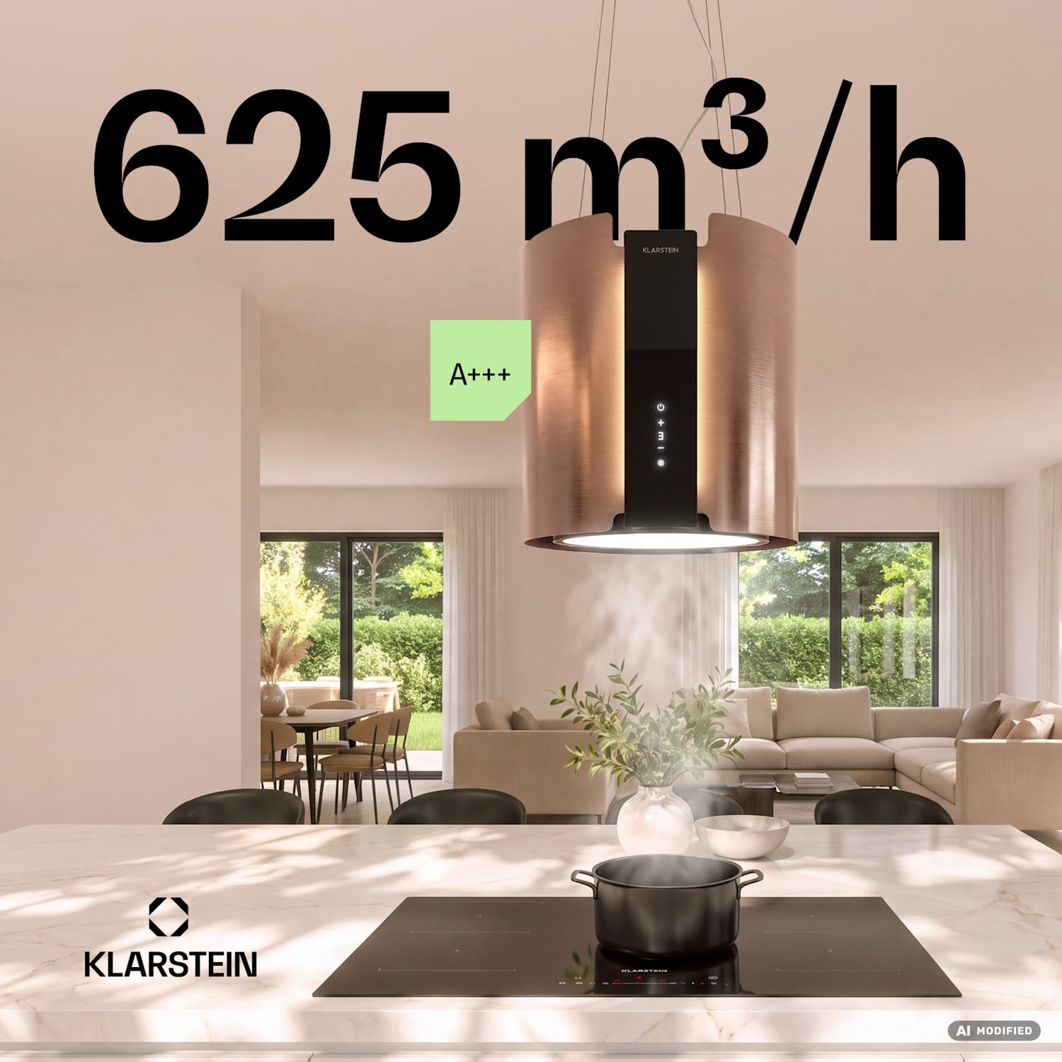 Skyfall Inselhaube | 3 Stufen + Boost | A+++ | 625 m³/h | Touch-Steuerung | 40 cm  38 cm | Gold