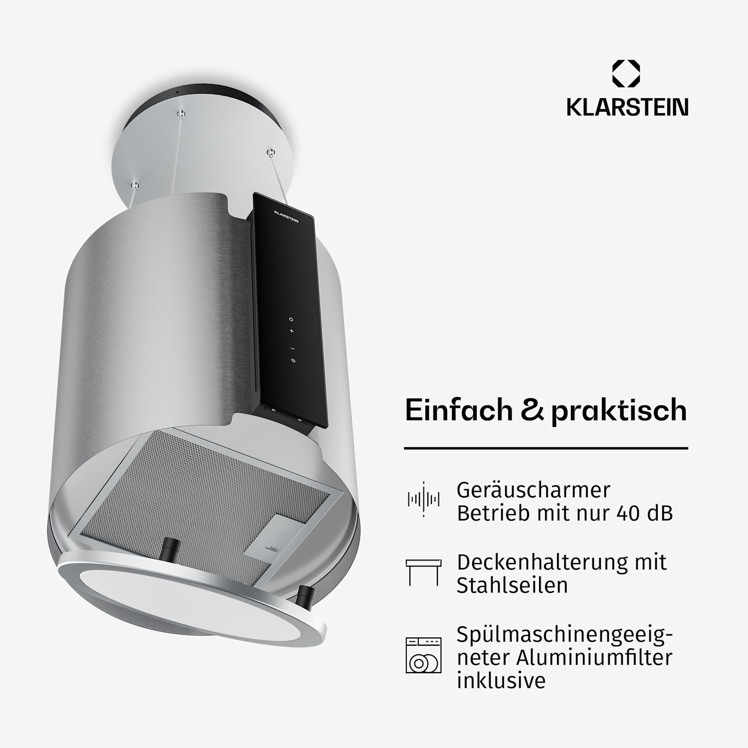 Skyfall Inselhaube | 3 Stufen + Boost | A+++ | 625 m³/h | Touch-Steuerung | 40 cm  38 cm | Silber