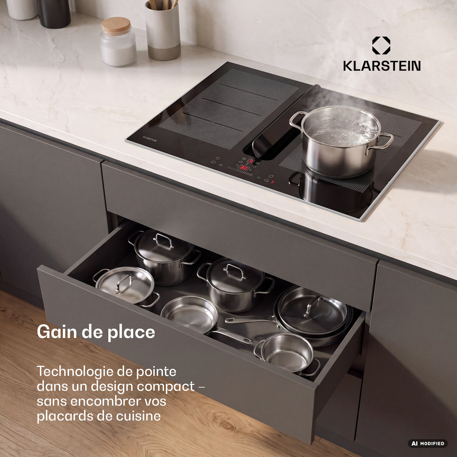 ChefFusion inductiekookplaat met afzuiging | 4 kookzones | 7200 W | 504,3 m³/h | 60 cm 60 cm | Roestvrijstalen frame | Zwart