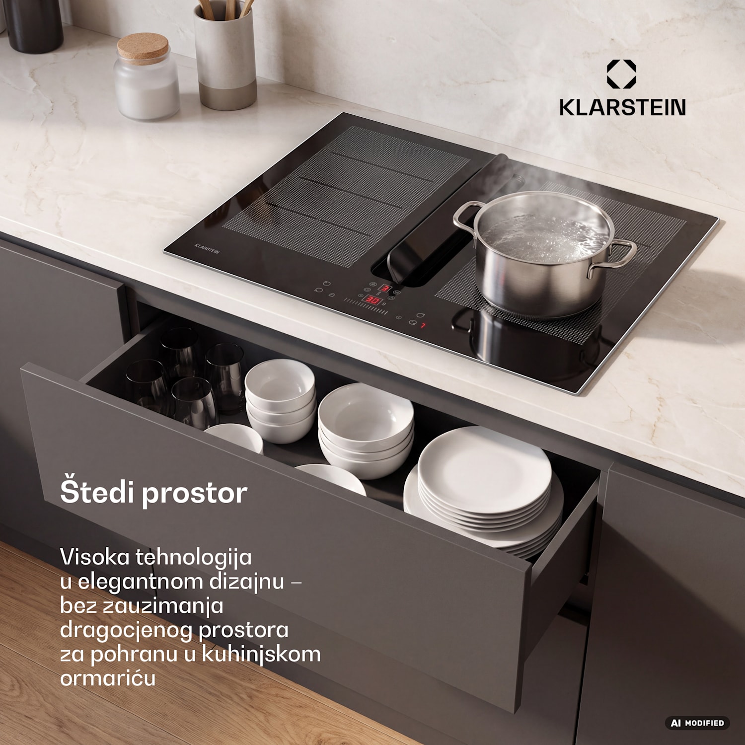 ChefFusion indukcijska ploča s kuhinjskom napom | 4 zone za kuhanje | 7200 W | 504,3 m³/h | 60 cm 60 cm | Okvir od nehrđajućeg čelika | Crna