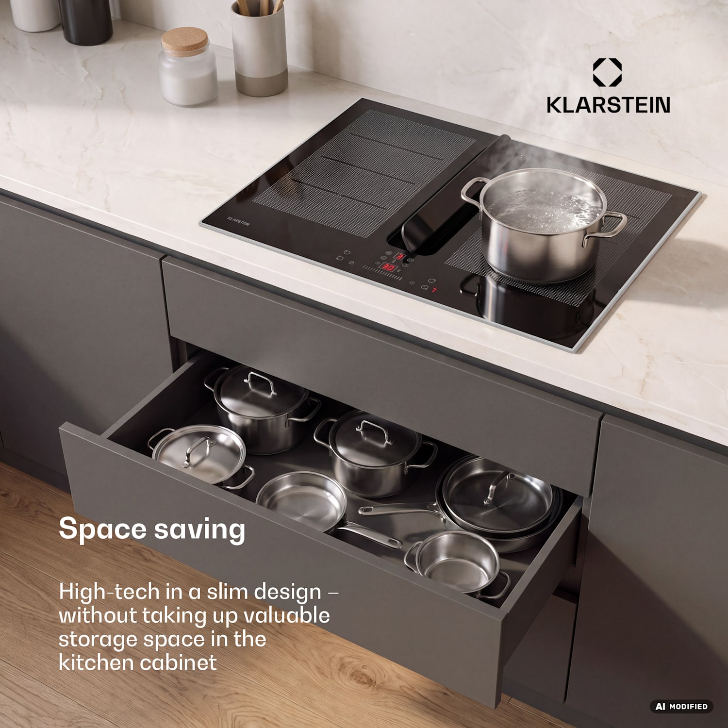 ChefFusion placa de indução com exaustor | 4 zonas de cozedura | 7200 W | 504,3 m³/h | 60 cm 60 cm | Moldura em aço inoxidável | Preto
