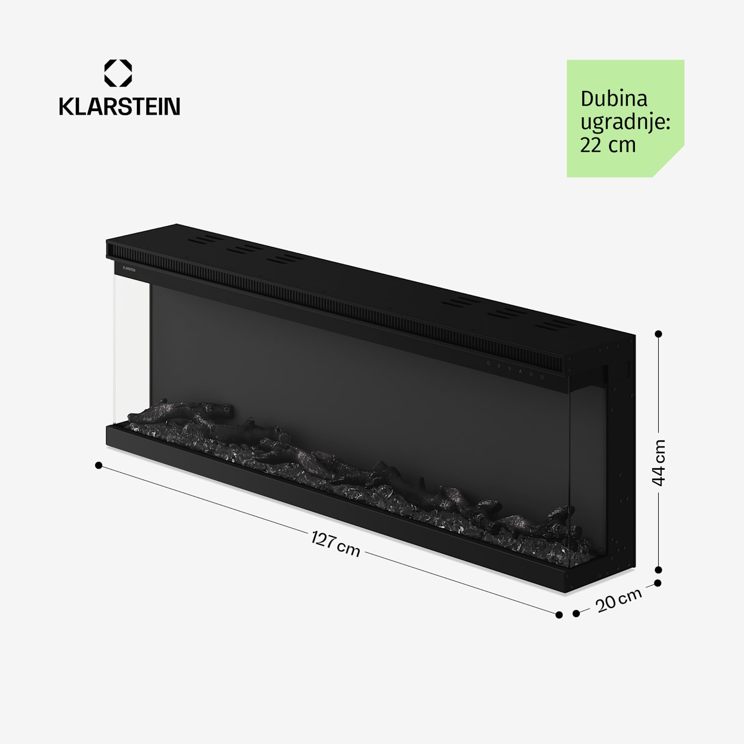 EchoFlame Smart zidni električni kamin | 127 cm | 1800 W | 2 režima grijanja | 12 boja | Crna 127 x 44 x 20 cm