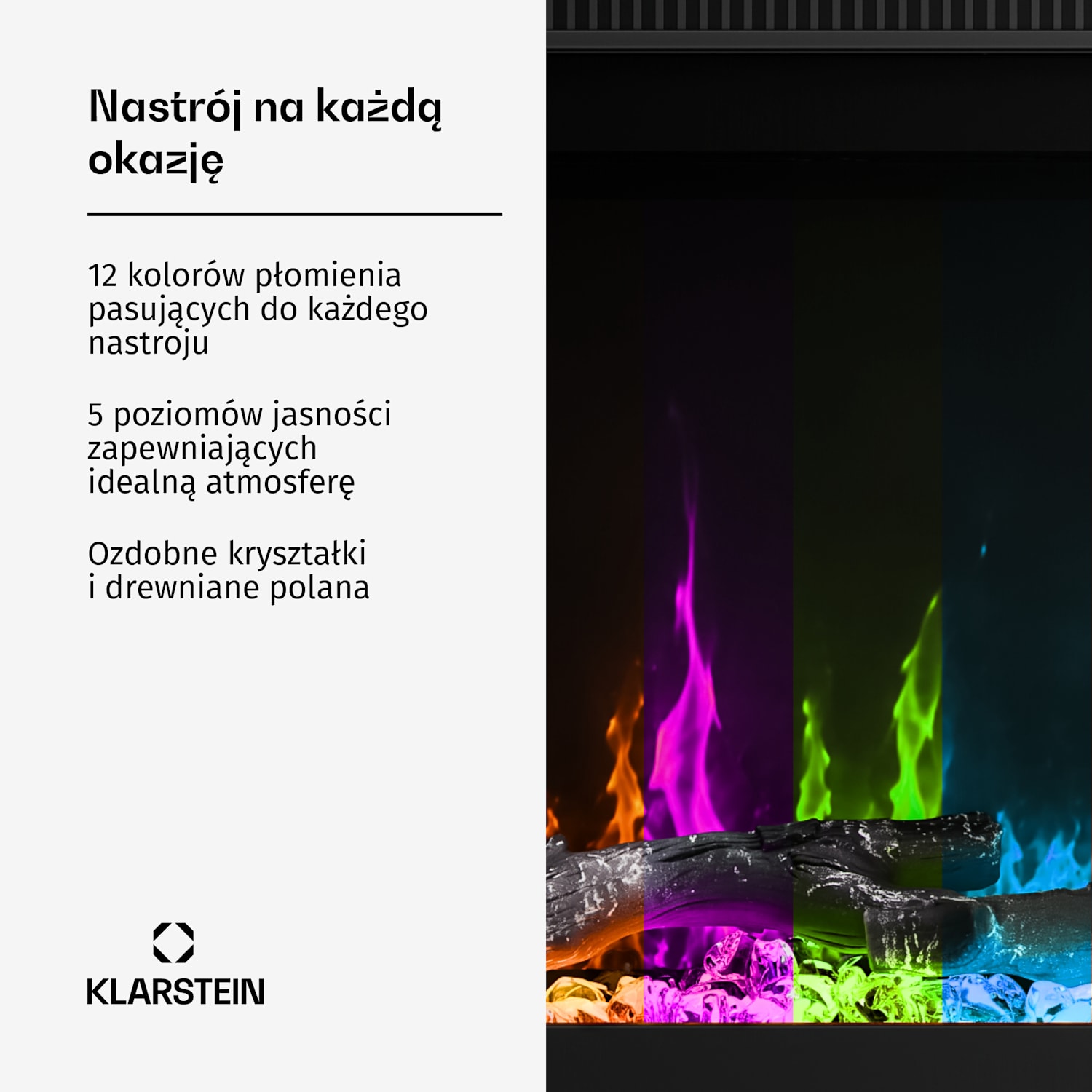 Ścienny kominek elektryczny EchoFlame Smart | 127 cm | 1800 W | 2 tryby ogrzewania | 12 kolorów | Czarny 127 x 44 x 20 cm