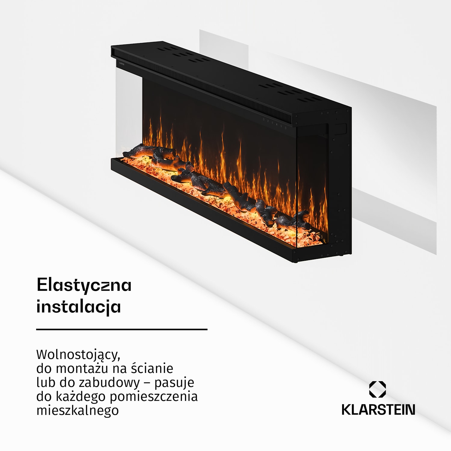 Ścienny kominek elektryczny EchoFlame Smart | 127 cm | 1800 W | 2 tryby ogrzewania | 12 kolorów | Czarny 127 x 44 x 20 cm