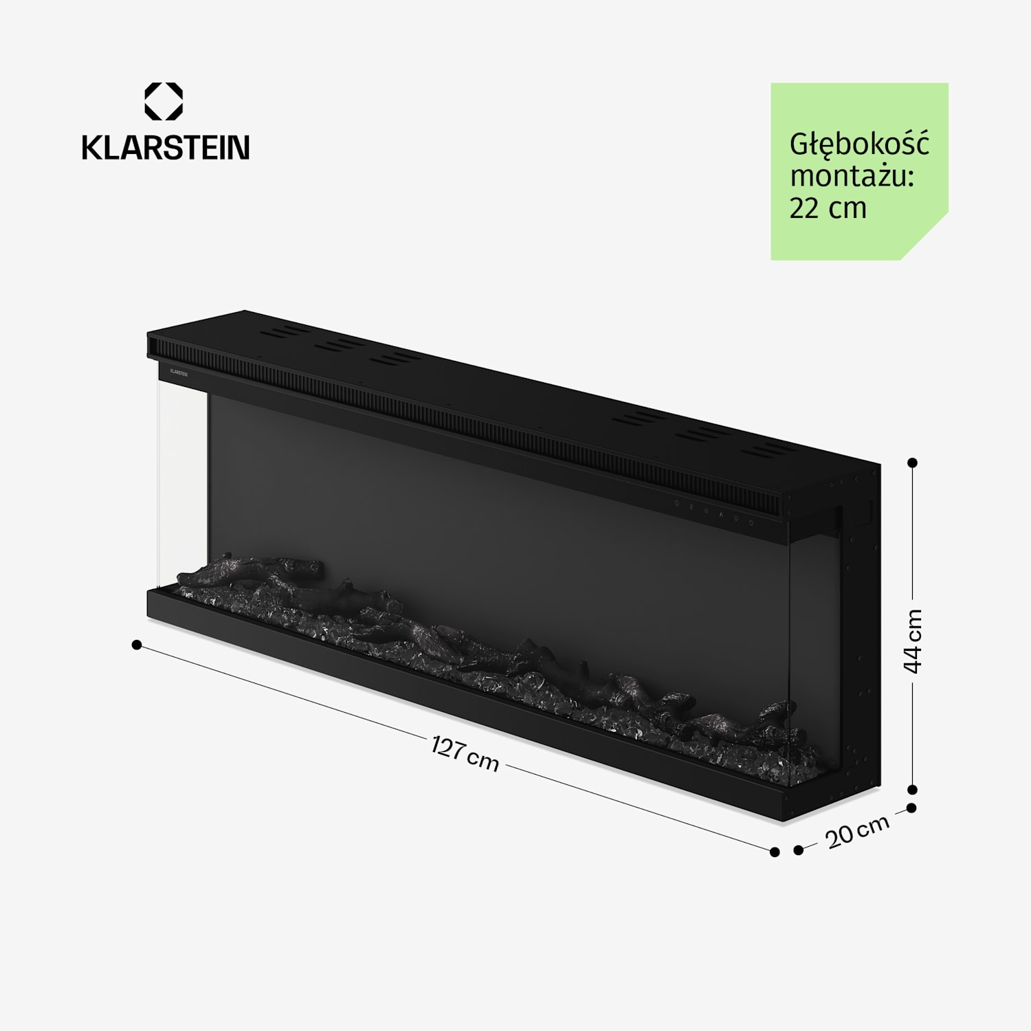 Ścienny kominek elektryczny EchoFlame Smart | 127 cm | 1800 W | 2 tryby ogrzewania | 12 kolorów | Czarny 127 x 44 x 20 cm