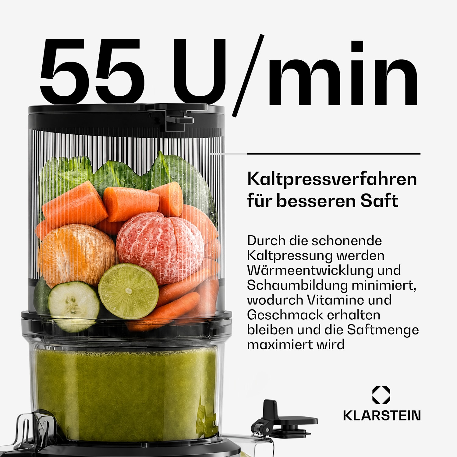 Wavyn Kaltpress-Entsafter | 300 W | Rücklauf-Funktion | Leistungsstark | 130 mm breiter Einfüllschacht 