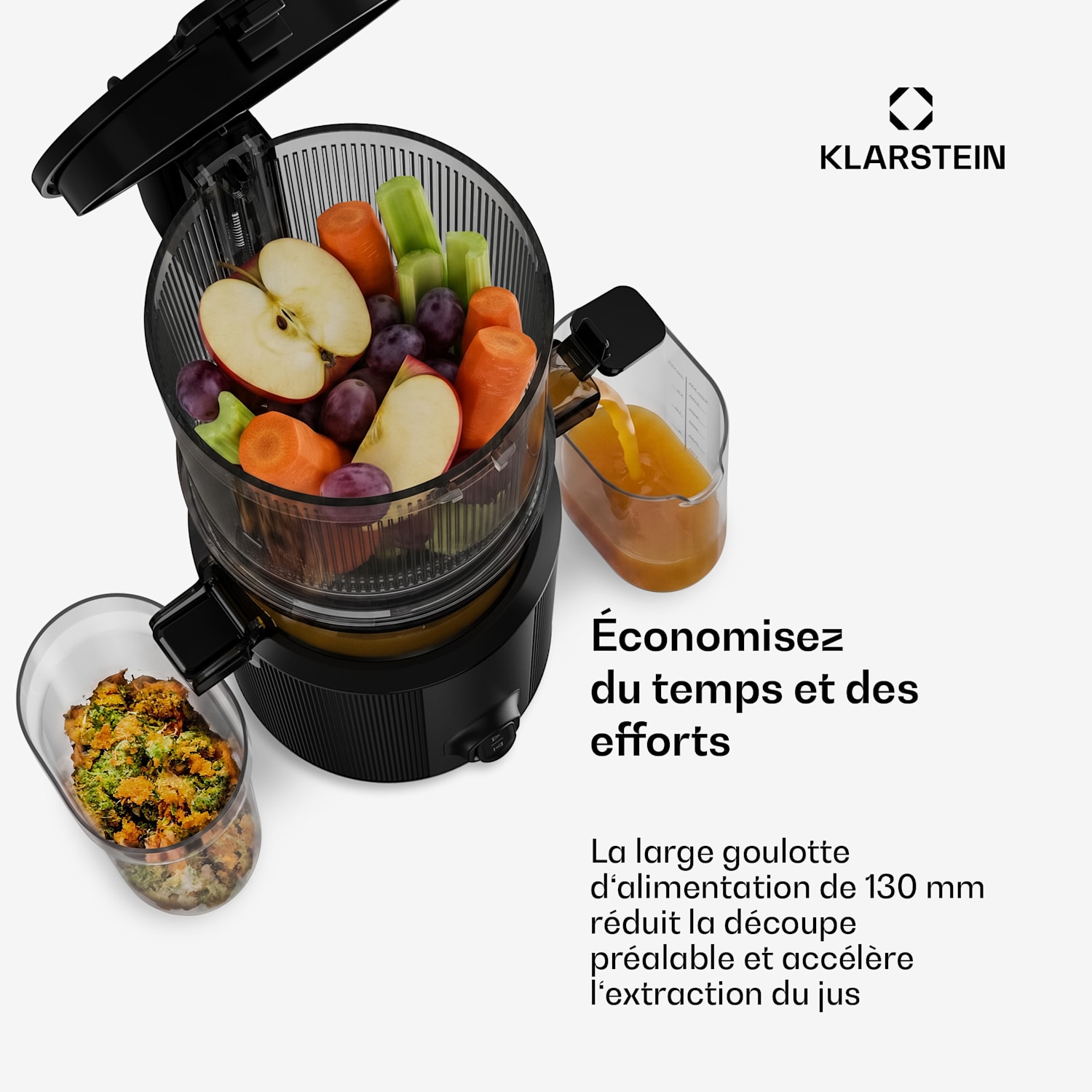 Wavyn Extracteur de jus à pression à froid | 300 W | fonction inverse | Puissant | Goulotte d'alimentation de 130 mm de large 