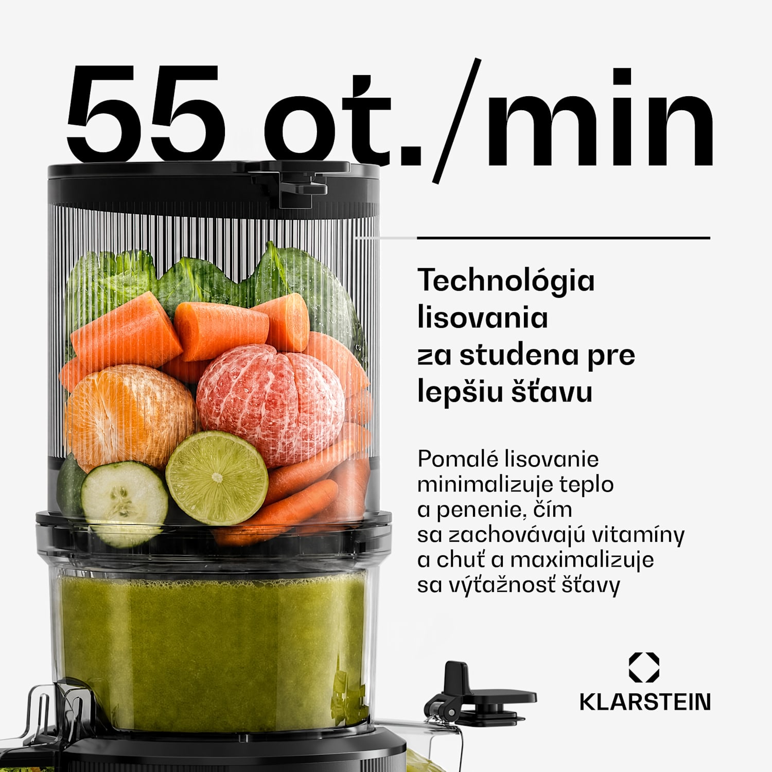 Wavyn odšťavovač s lisovaním za studena | 300 W | Funkcia spätného chodu | Výkonný | 130 mm široký plniaci otvor 