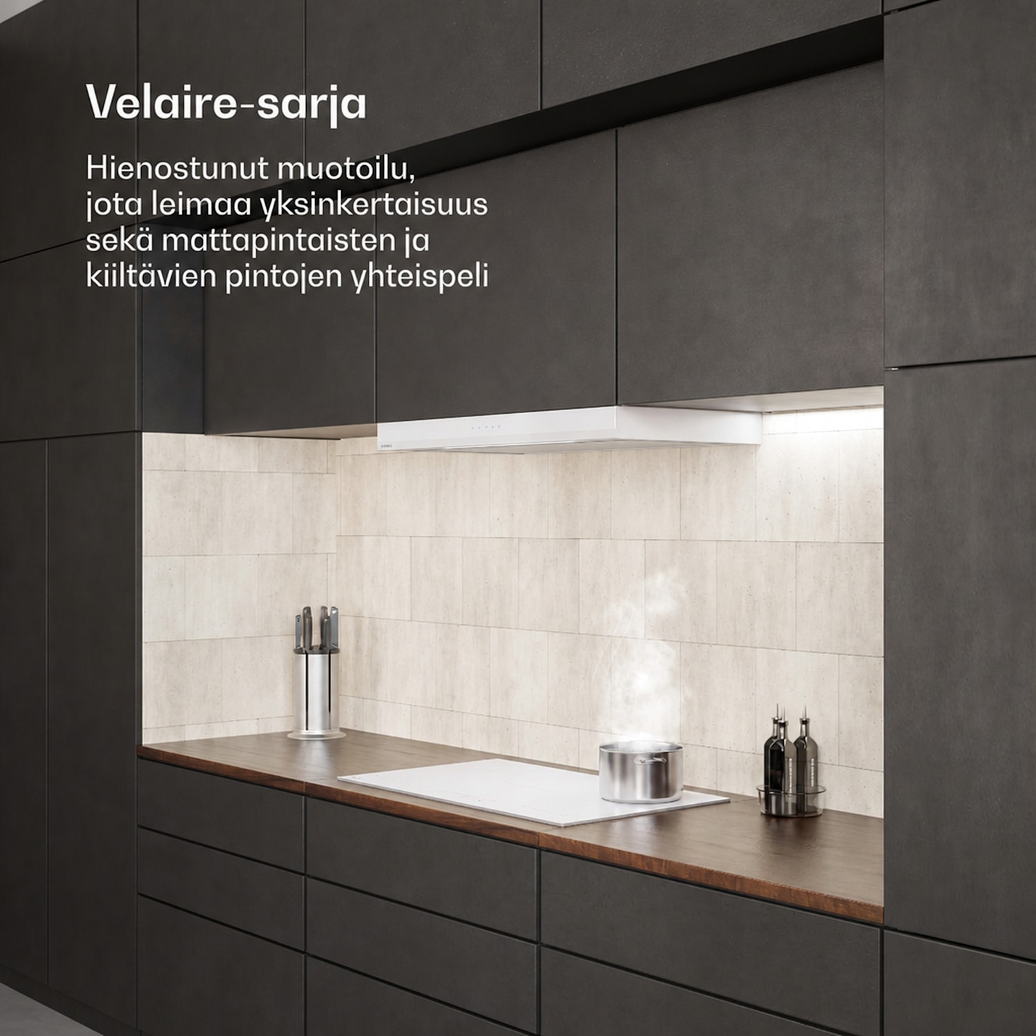 Velaire-induktioliesi | Tyylikäs, minimalistinen, tehokas | 5 keittoaluetta | 7200 W | 90 cm 90 cm | Valkoinen