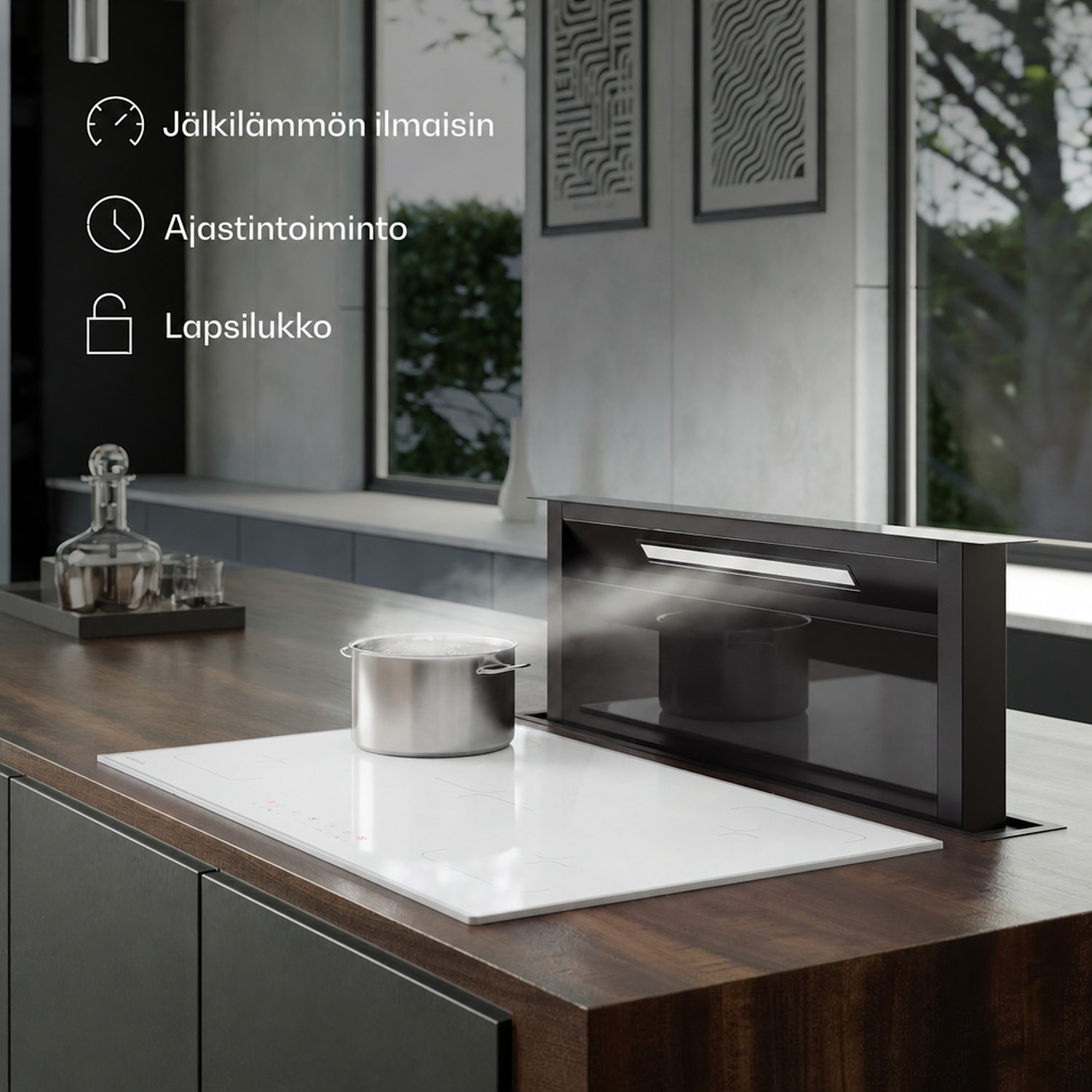 Velaire-induktioliesi | Tyylikäs, minimalistinen, tehokas | 5 keittoaluetta | 7200 W | 90 cm 90 cm | Valkoinen