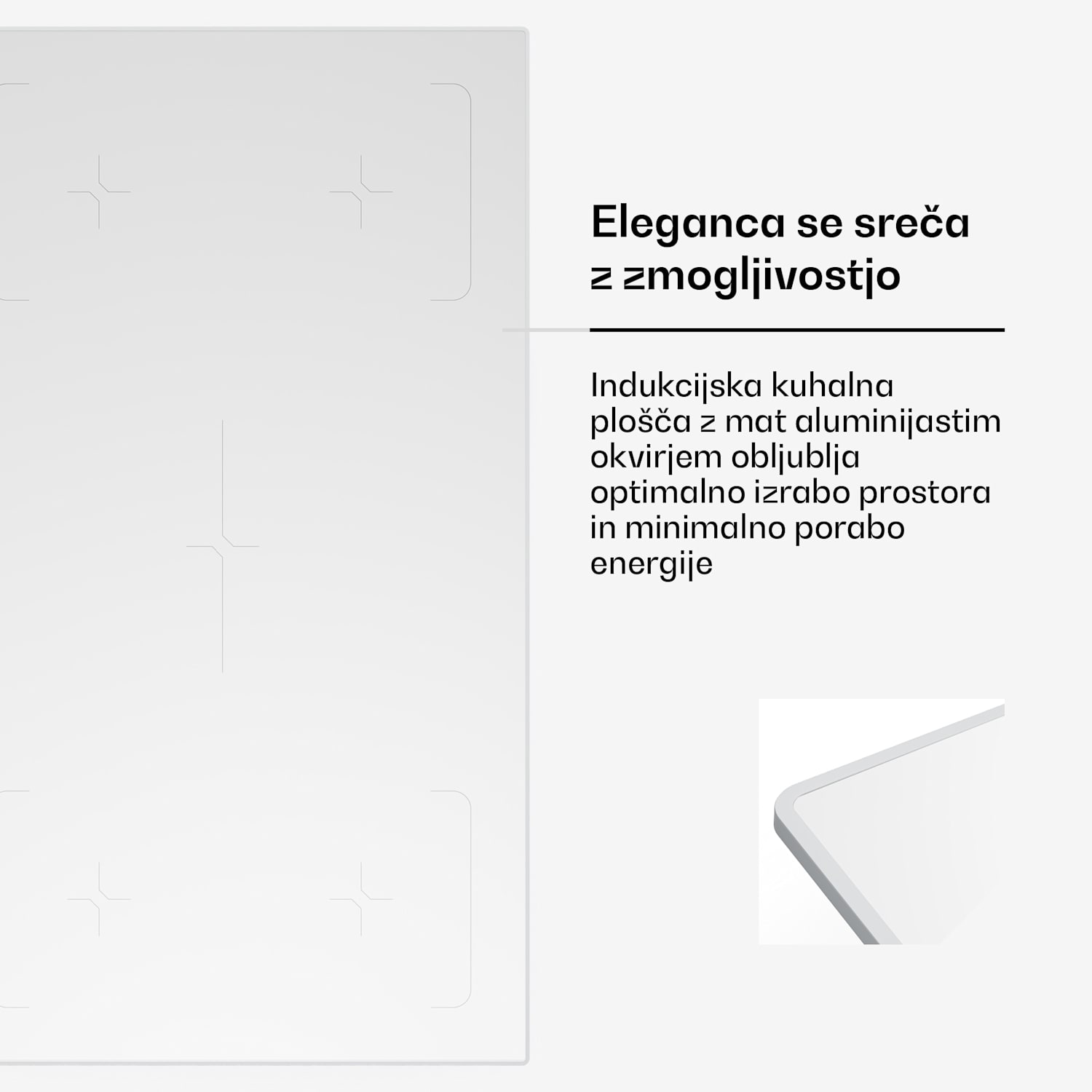 Indukcijska kuhalna plošča Velaire | elegantna, minimalistična, zmogljiva | 5 kuhalnih con | 7200 W | 90 cm  90 cm | Bela