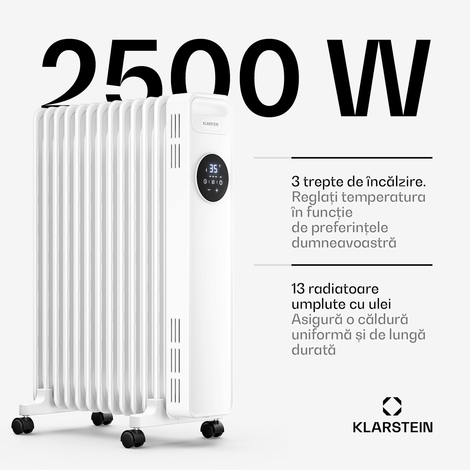 Radiator cu ulei Thermaxx | 2500 W | 25 m² | 3 moduri | 7–35 °C | 44 cm x 64 cm Alb