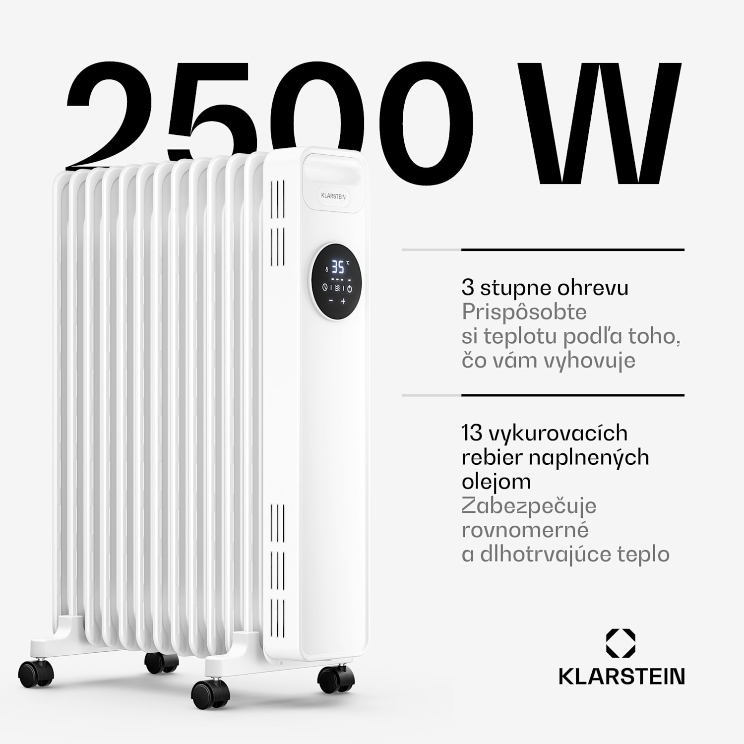 Thermaxx olejový radiátor | 2500 W | 25 m² | 3 režimy | 7 až 35 °C | 44 cm x 64 cm Biela