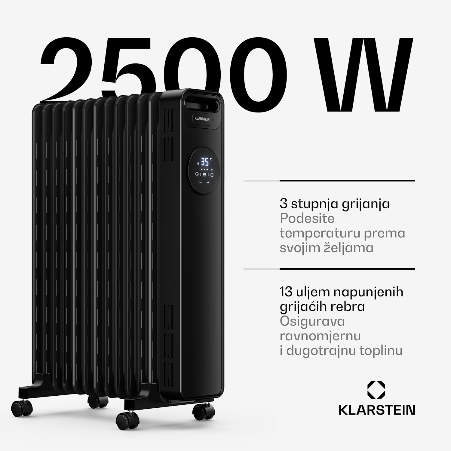 Thermaxx uljni radijator | 2500 W | 25 m² | 3 načina rada | 7 do 35 °C | 44 cm x 64 cm Crna
