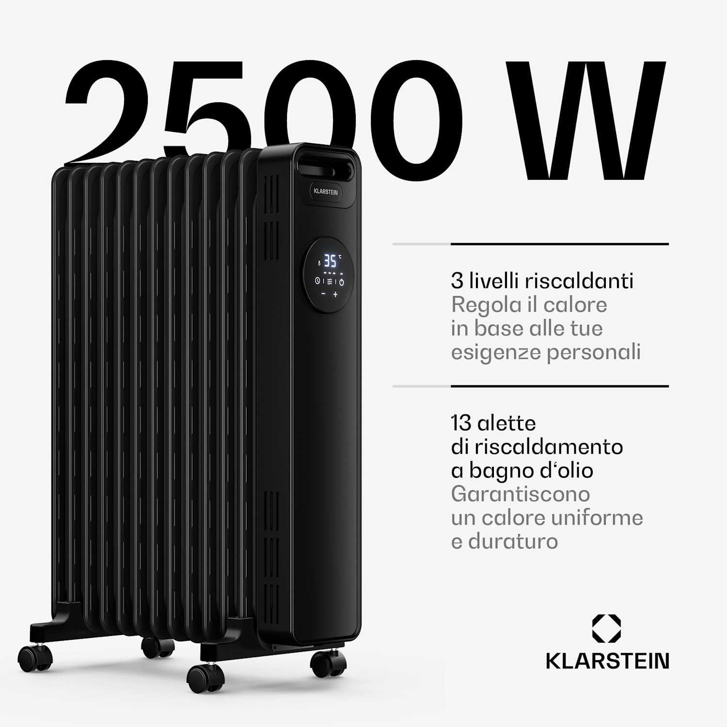 Thermaxx Radiatore ad olio | 2500 W | 25 m² | 3 modalità | da 7 a 35 °C | 44 cm x 64 cm Nero