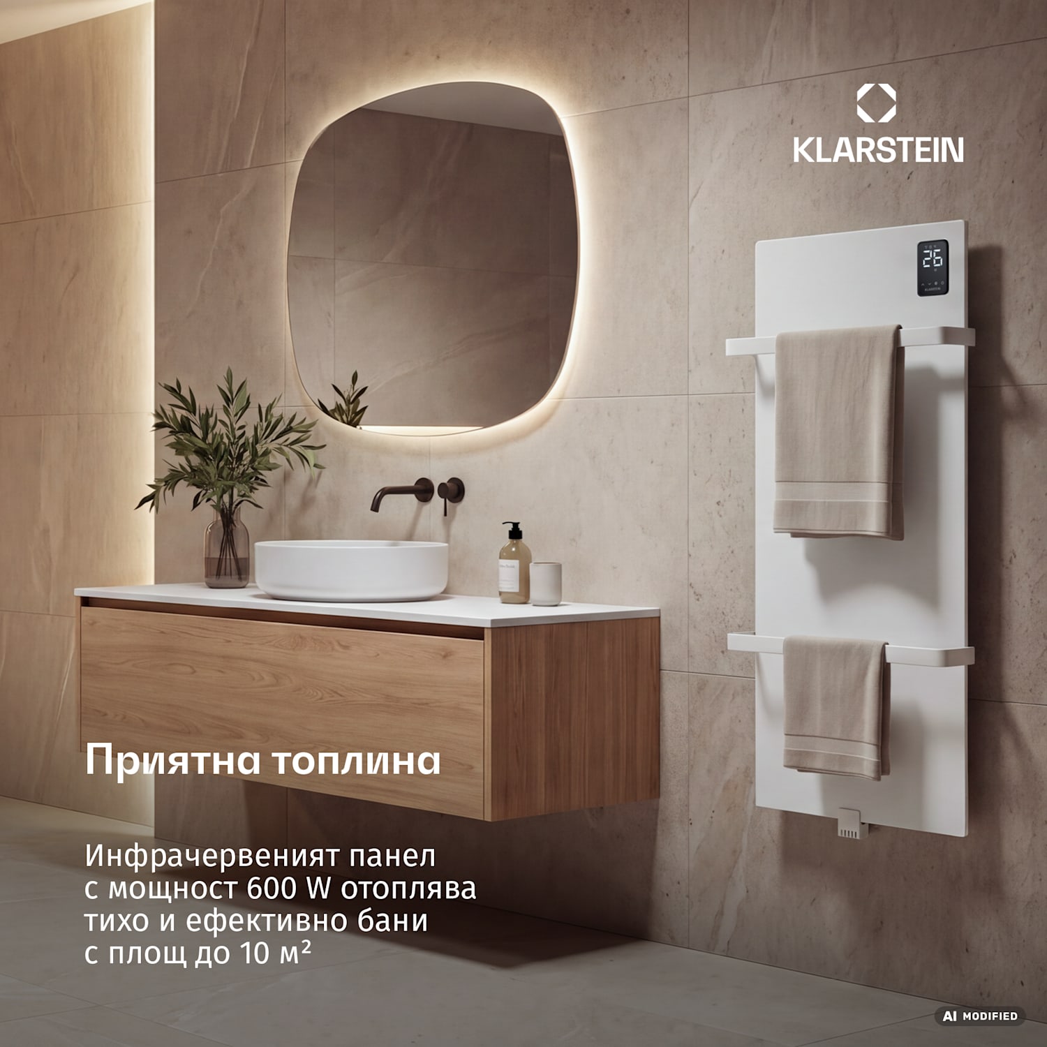 BathRadiant Smart инфрачервен панел | 600 W | 10 м² | Сензорно управление и гласов асистент  Бял