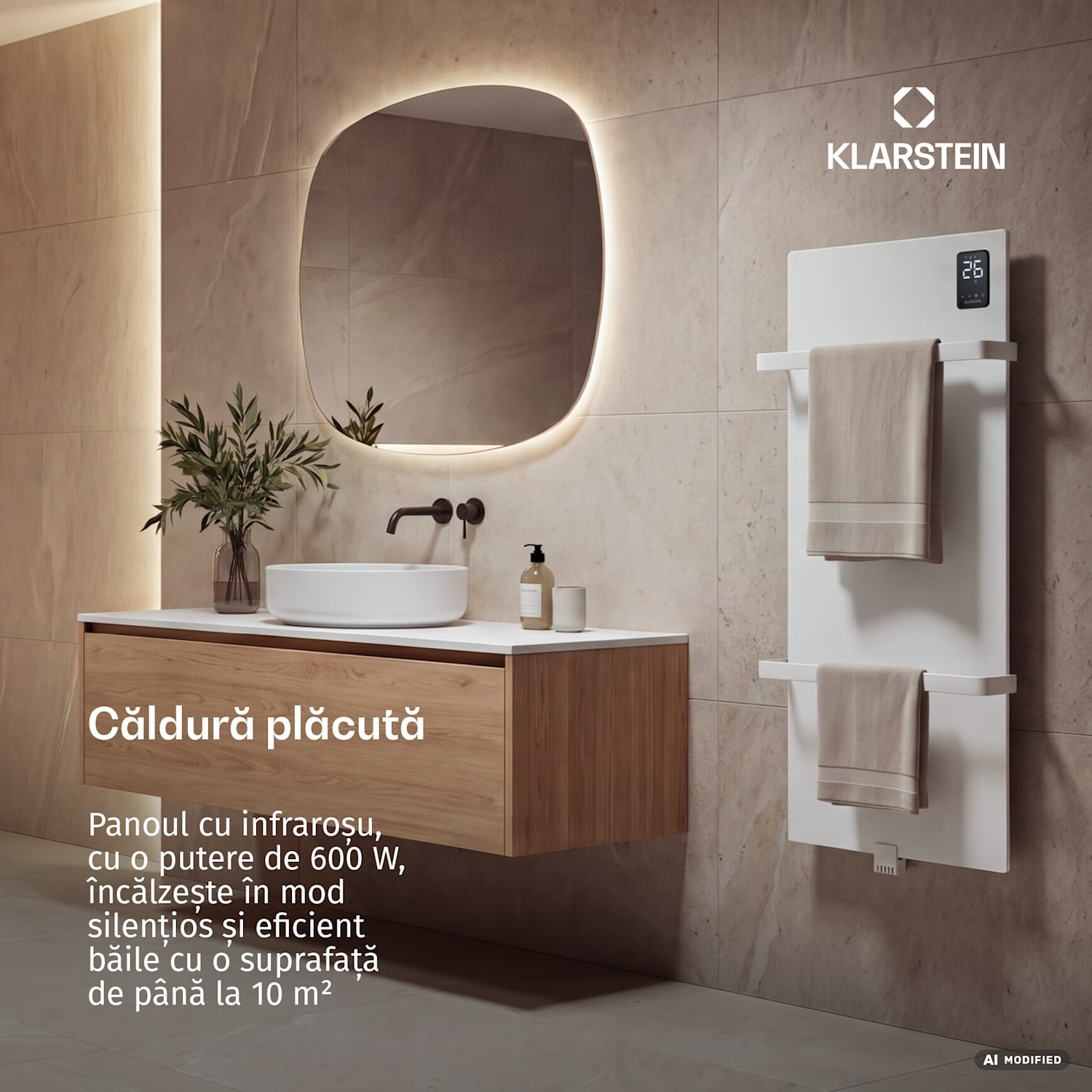 Panou infraroșu BathRadiant Smart | 600 W | 10 m² | Comandă tactilă și asistent vocal  Alb