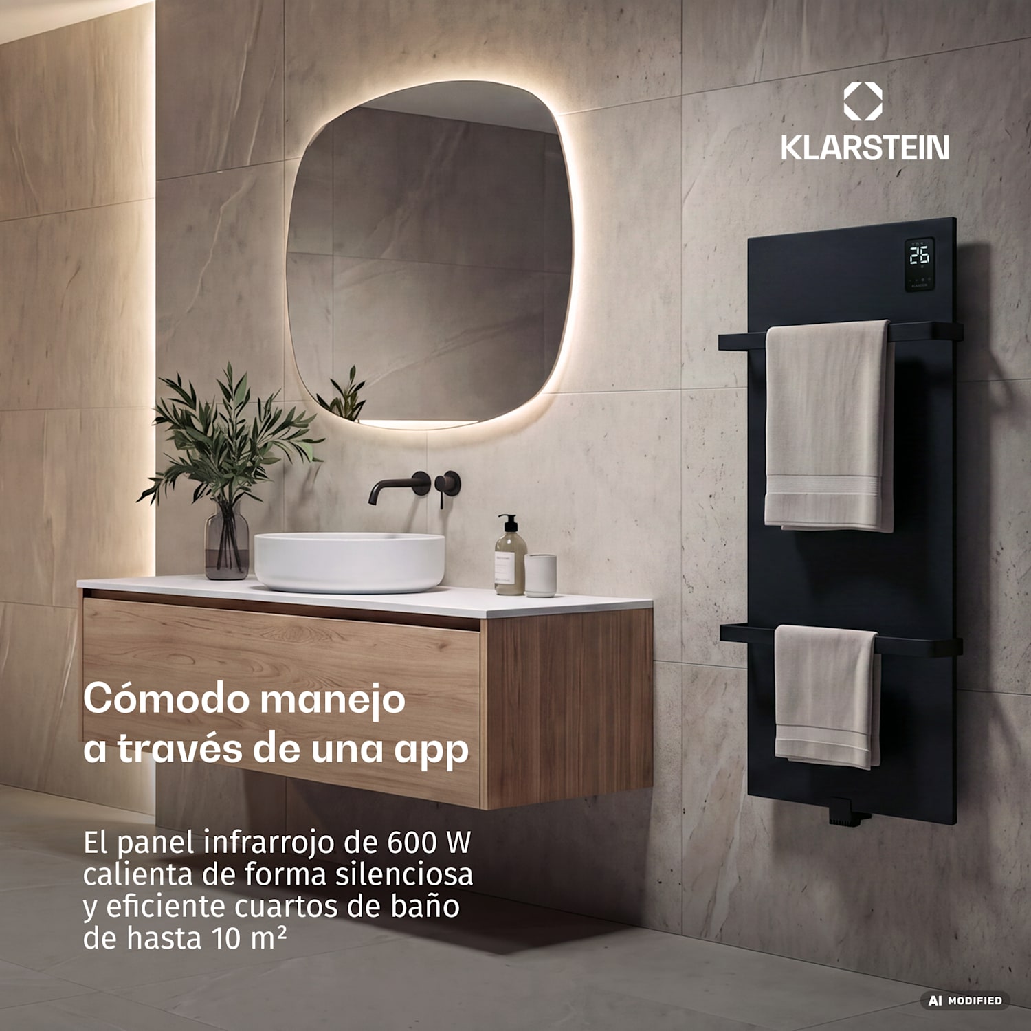 Panel de infrarrojos inteligente BathRadiant | 600 W | 10 m² | Control táctil y asistente de voz.  Negro