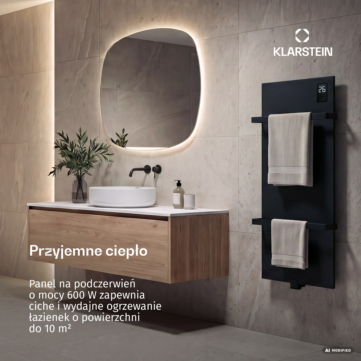 Panel na podczerwień BathRadiant Smart | 600 W | 10 m² | Sterowanie dotykowe i asystent głosowy  Czarny