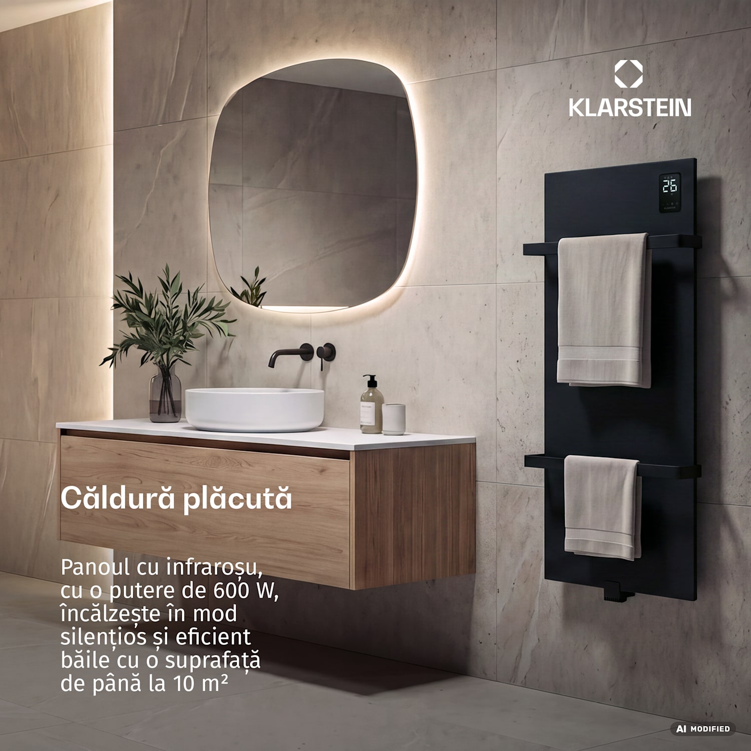 Panou cu infraroșu BathRadiant Smart | 600 W | 10 m² | Control tactil și asistent vocal  Negru