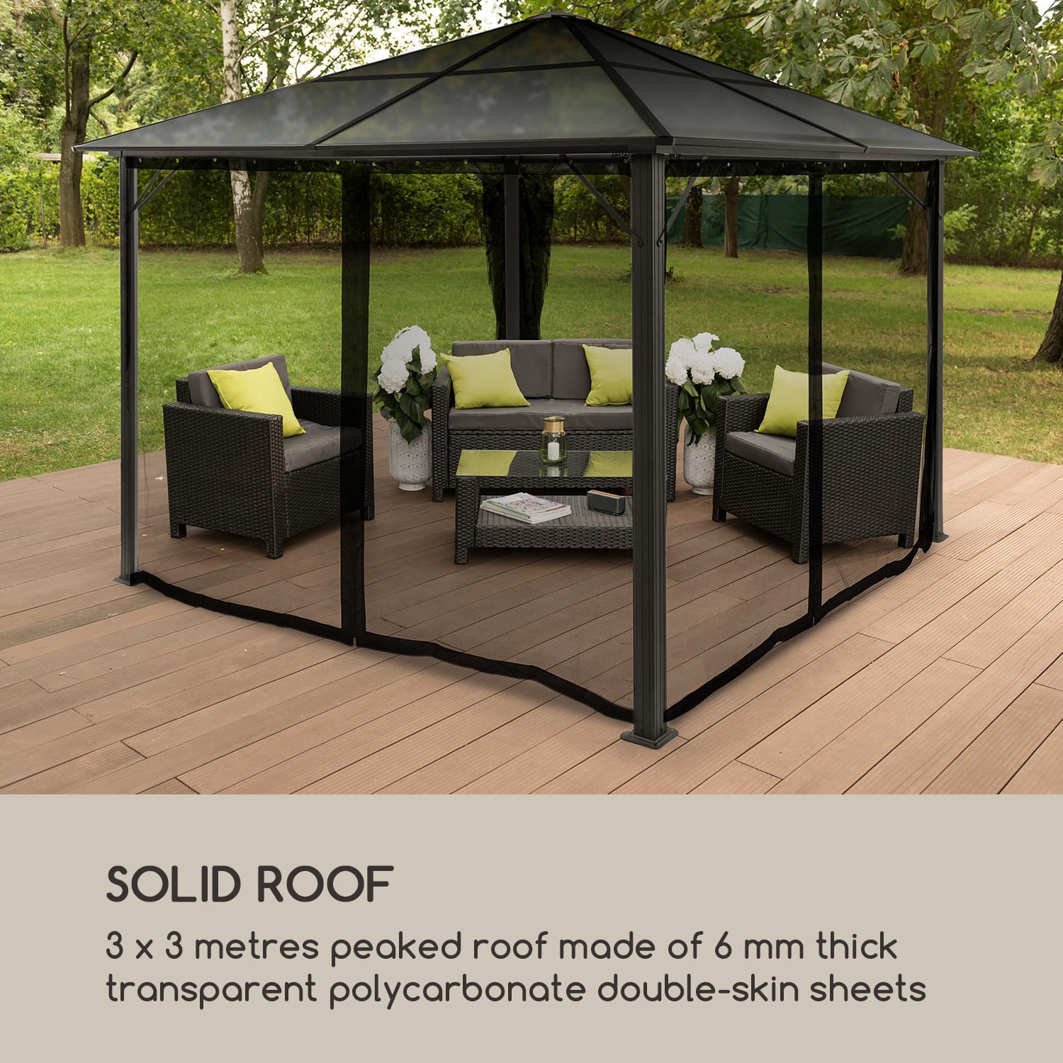 Pantheon Solid Sky Ambient Solar, pavilon, szúnyogháló, 3 x 3 m, napelemes világítás Világosszürke