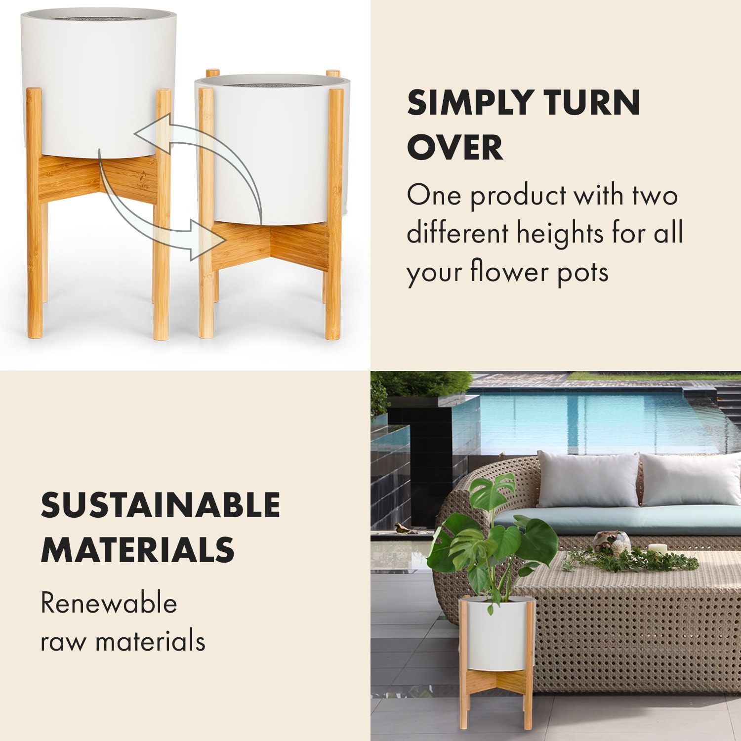 Gendt + Zeist Plant Pot & Stand Set Size M Fibre Stone Bamboo 